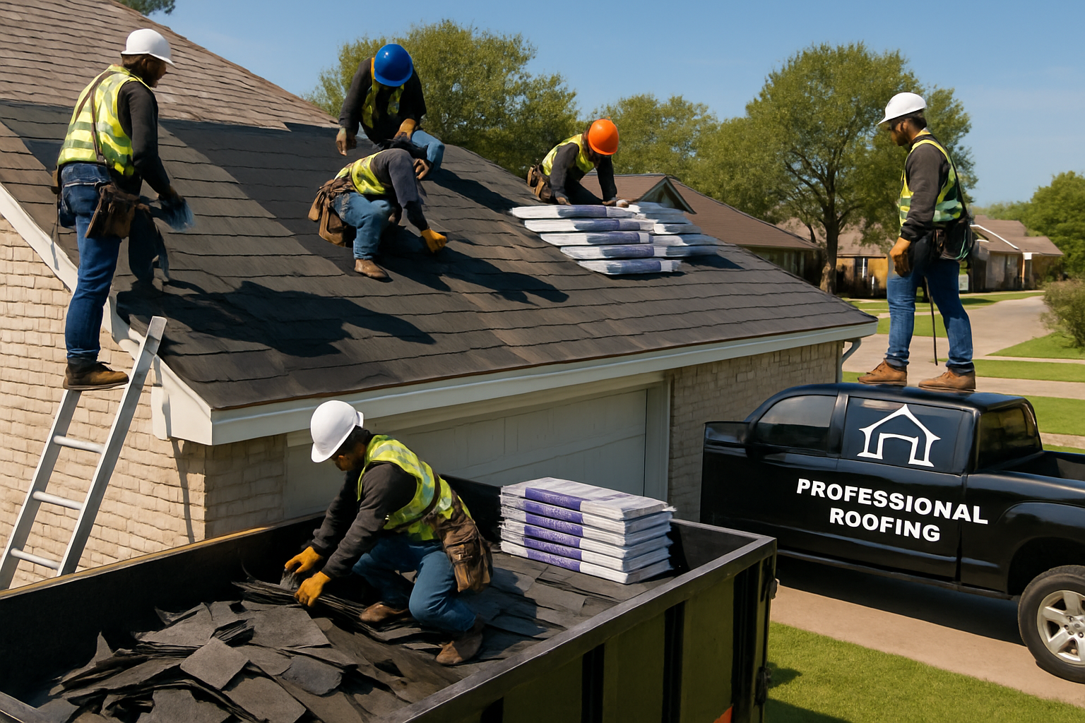 Detailed landscape image (1536x1024) showing professional roofing crew replacing asphalt shingles on a typical Waco residential home, worker