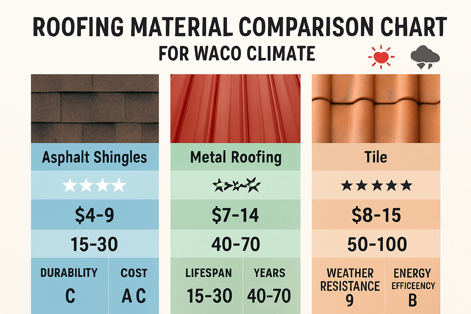 Comprehensive landscape infographic (1536x1024) displaying roofing material comparison chart for Waco climate, featuring asphalt shingles, m