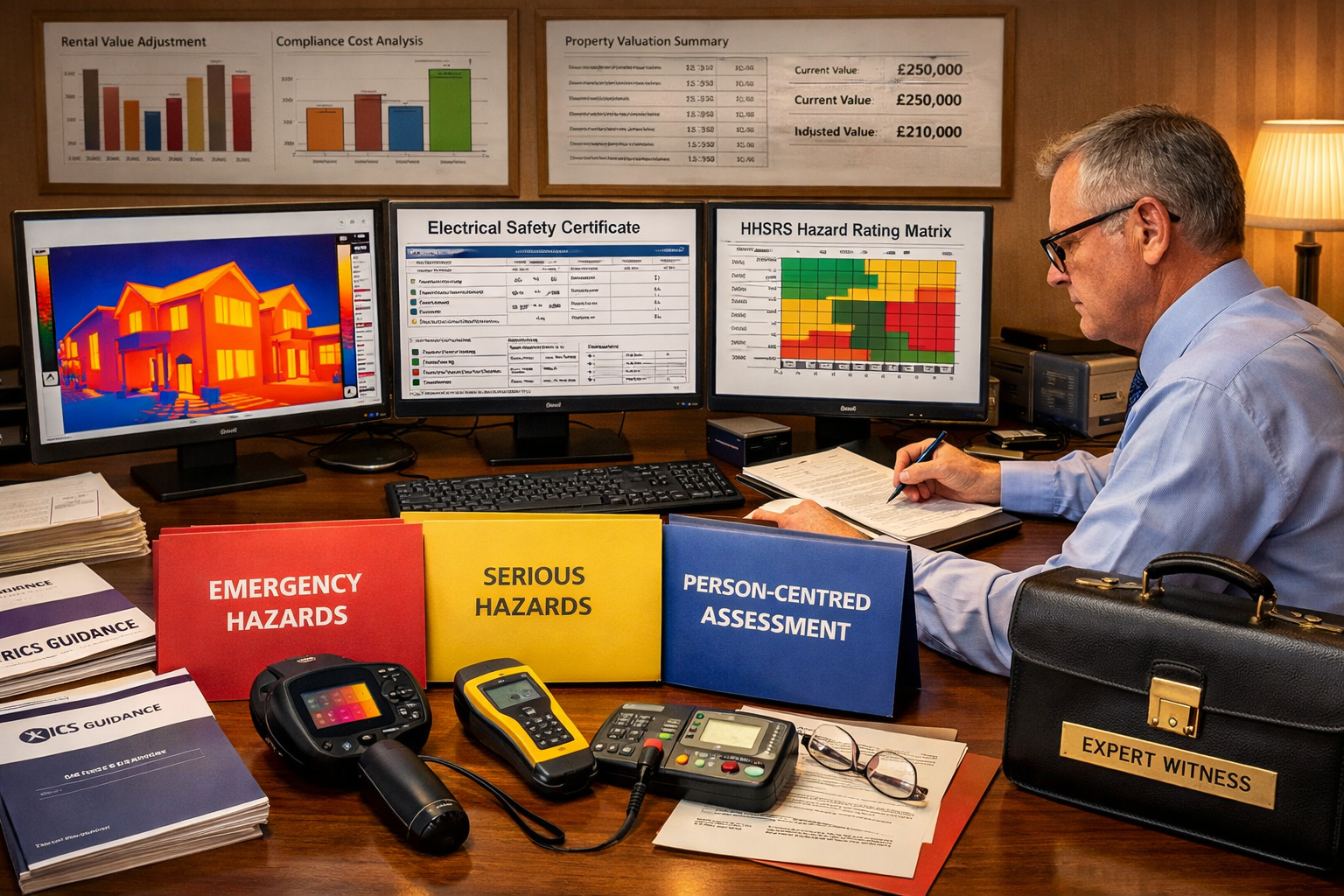 () professional scene showing expert witness preparing evidence documentation at large desk with multiple screens displaying