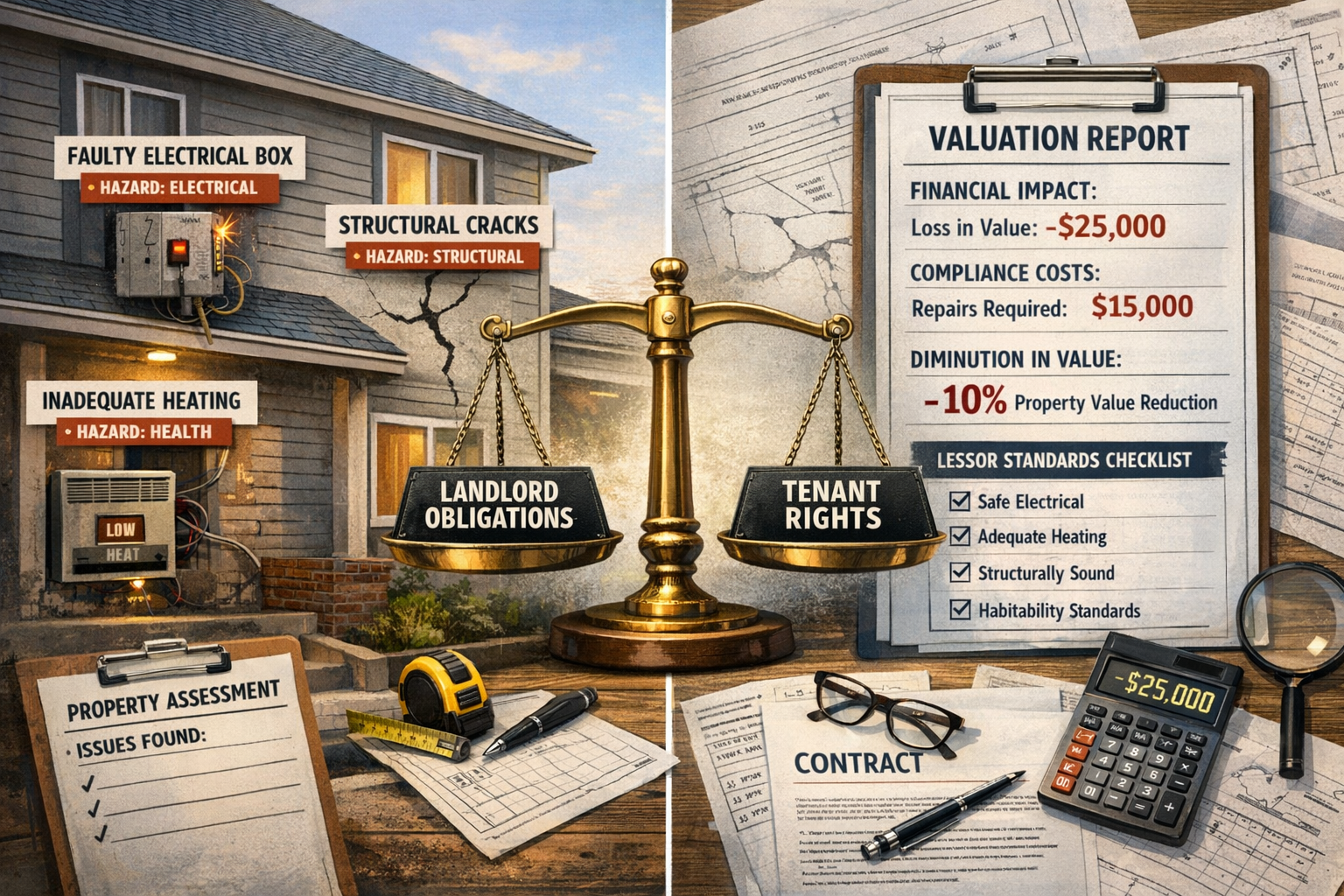 () split-screen composition showing rental property valuation dispute scenario: left side displays modern rental property
