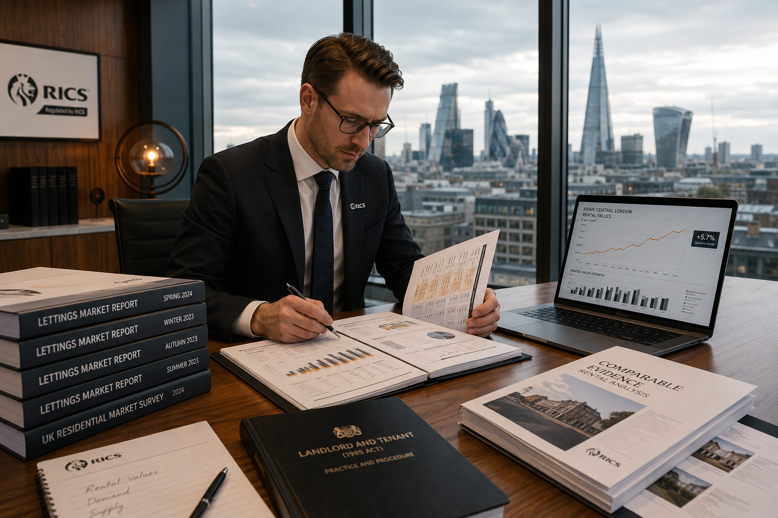 () editorial illustration showing a RICS-qualified surveyor in formal attire seated at a large oak desk reviewing rental