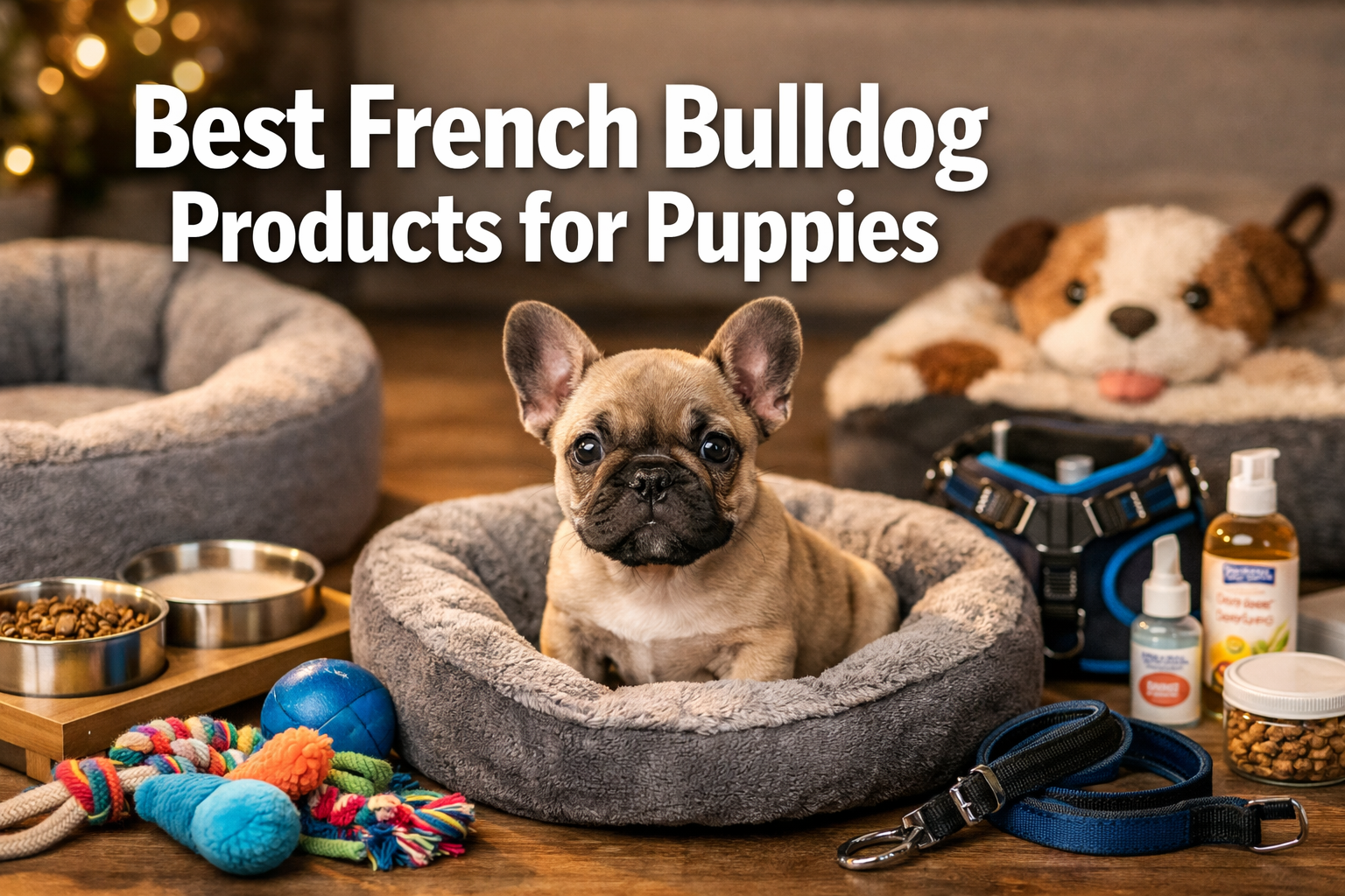 Professional landscape hero image (1536x1024) featuring bold text overlay 'Best French Bulldog Products for Puppies' in extra large 72pt whi