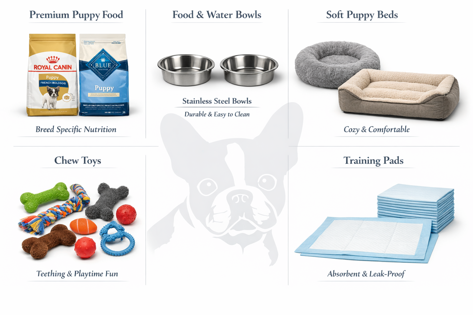 Detailed product showcase image displaying essential French Bulldog puppy supplies arranged in organized categories: premium puppy food bags