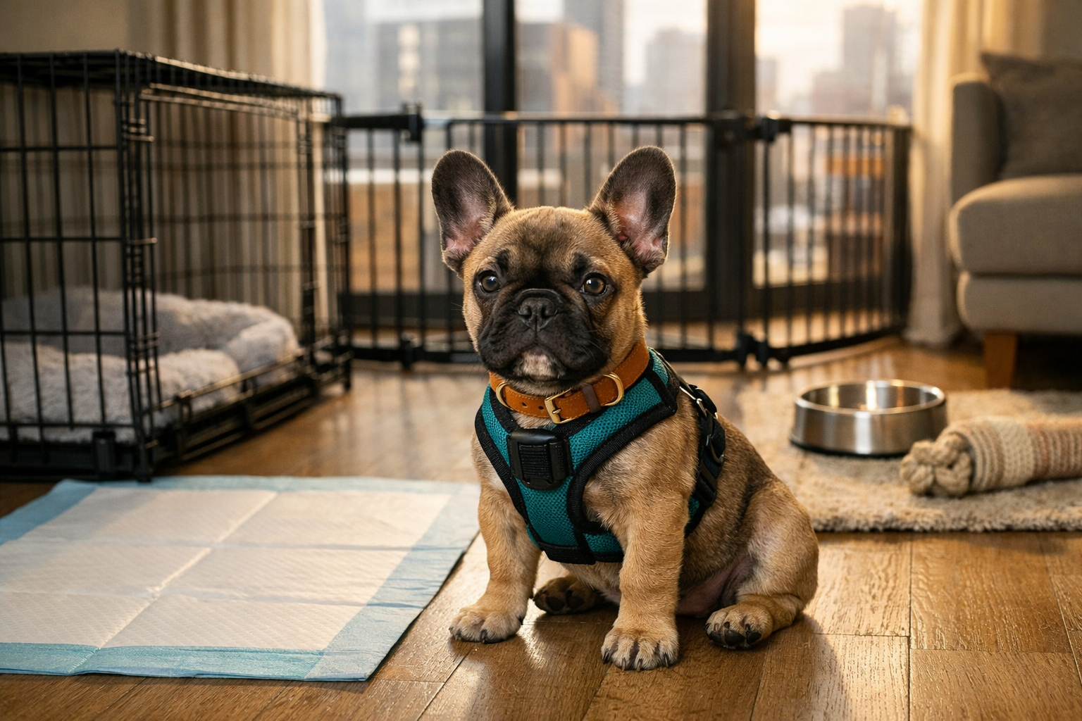 Professional lifestyle image showing French Bulldog puppy wearing properly fitted harness and collar in modern apartment setting. Background