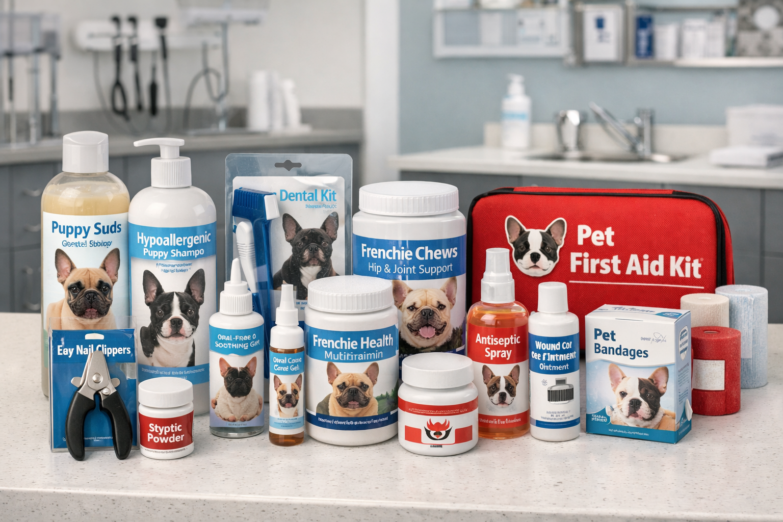 Comprehensive health and grooming products display featuring puppy-safe shampoos, nail clippers, toothbrushes, supplements, and first aid su