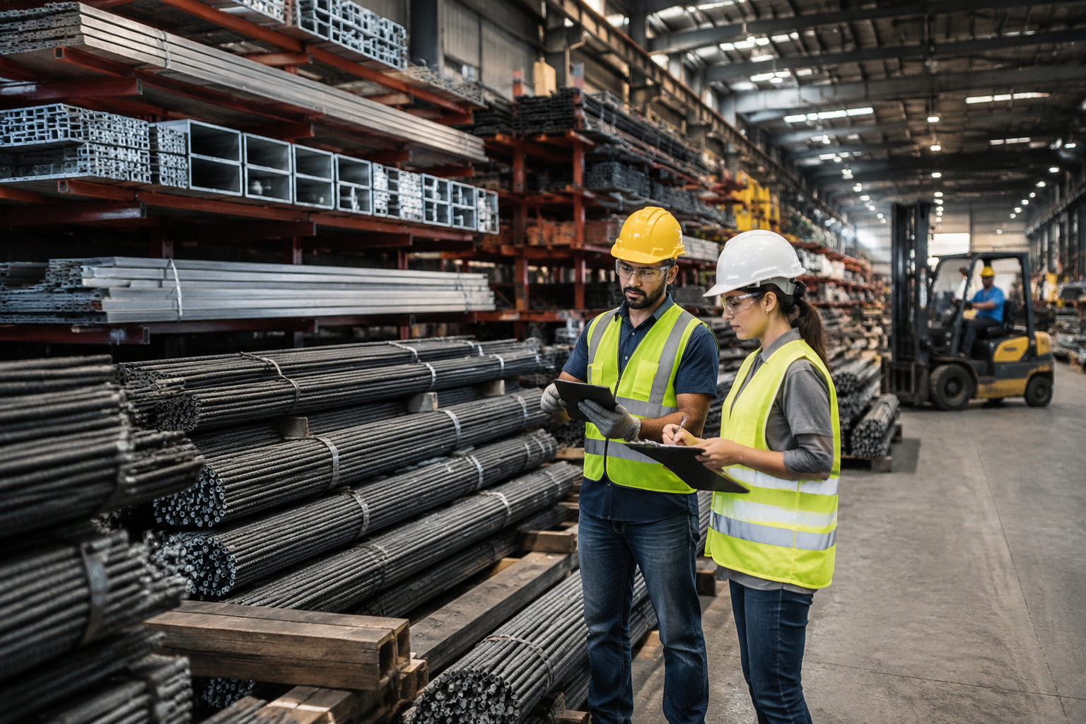 Wide-angle ground-level photograph of a Brazilian steel fabrication warehouse interior with rows of bundled steel rebar and
