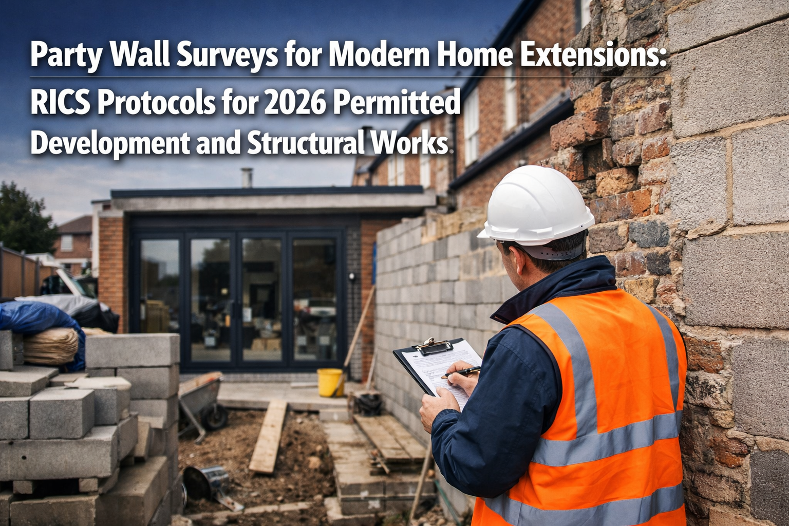 Professional () hero image with 'Party Wall Surveys for Modern Home Extensions: RICS Protocols for 2026 Permitted