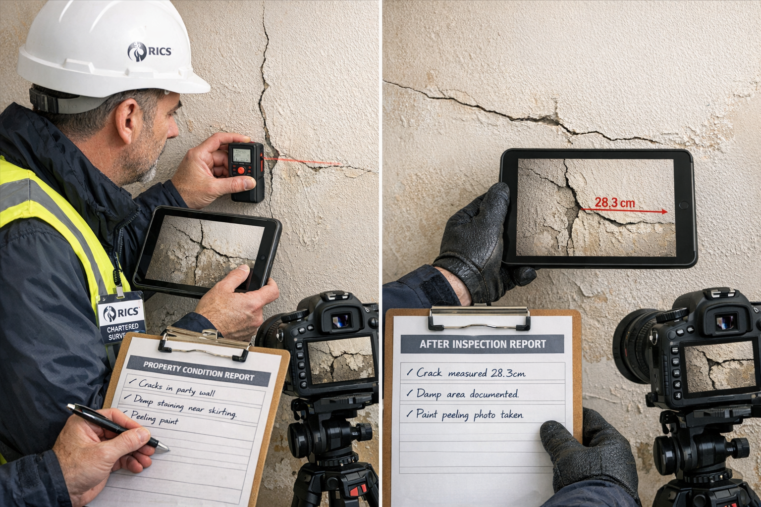 () professional photograph of RICS chartered surveyor conducting schedule of condition inspection in residential property,