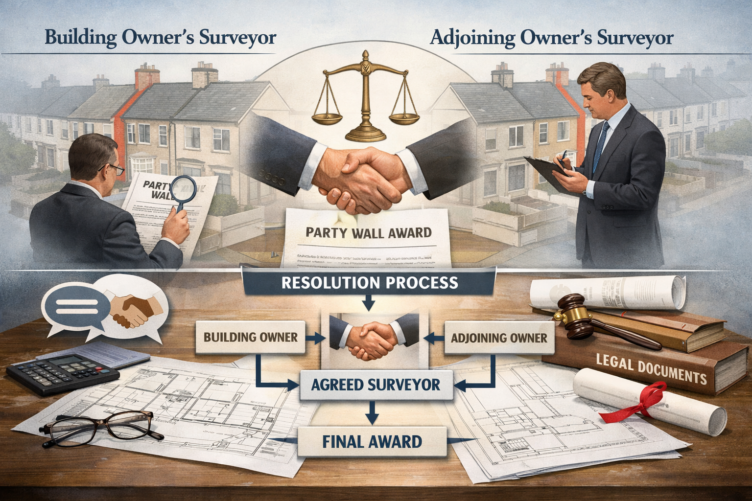 () conceptual illustration of party wall dispute resolution process showing three-party structure: building owner's