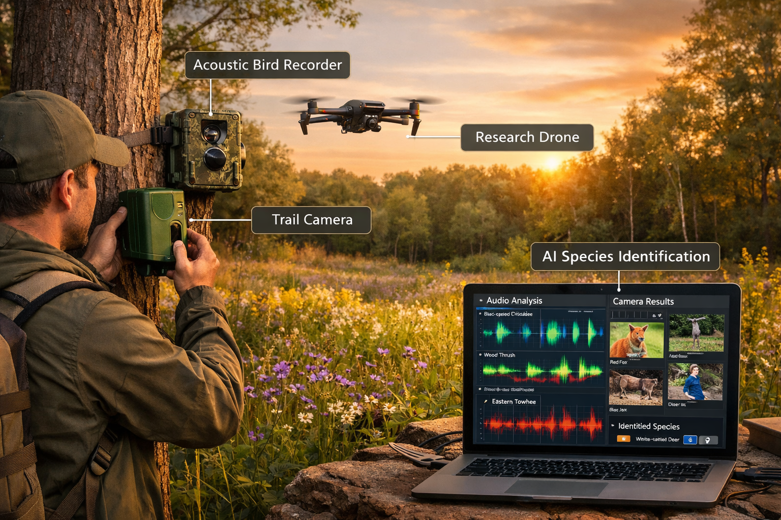 () scene showing modern biodiversity monitoring technology in action: field researcher deploying acoustic bird recorder on