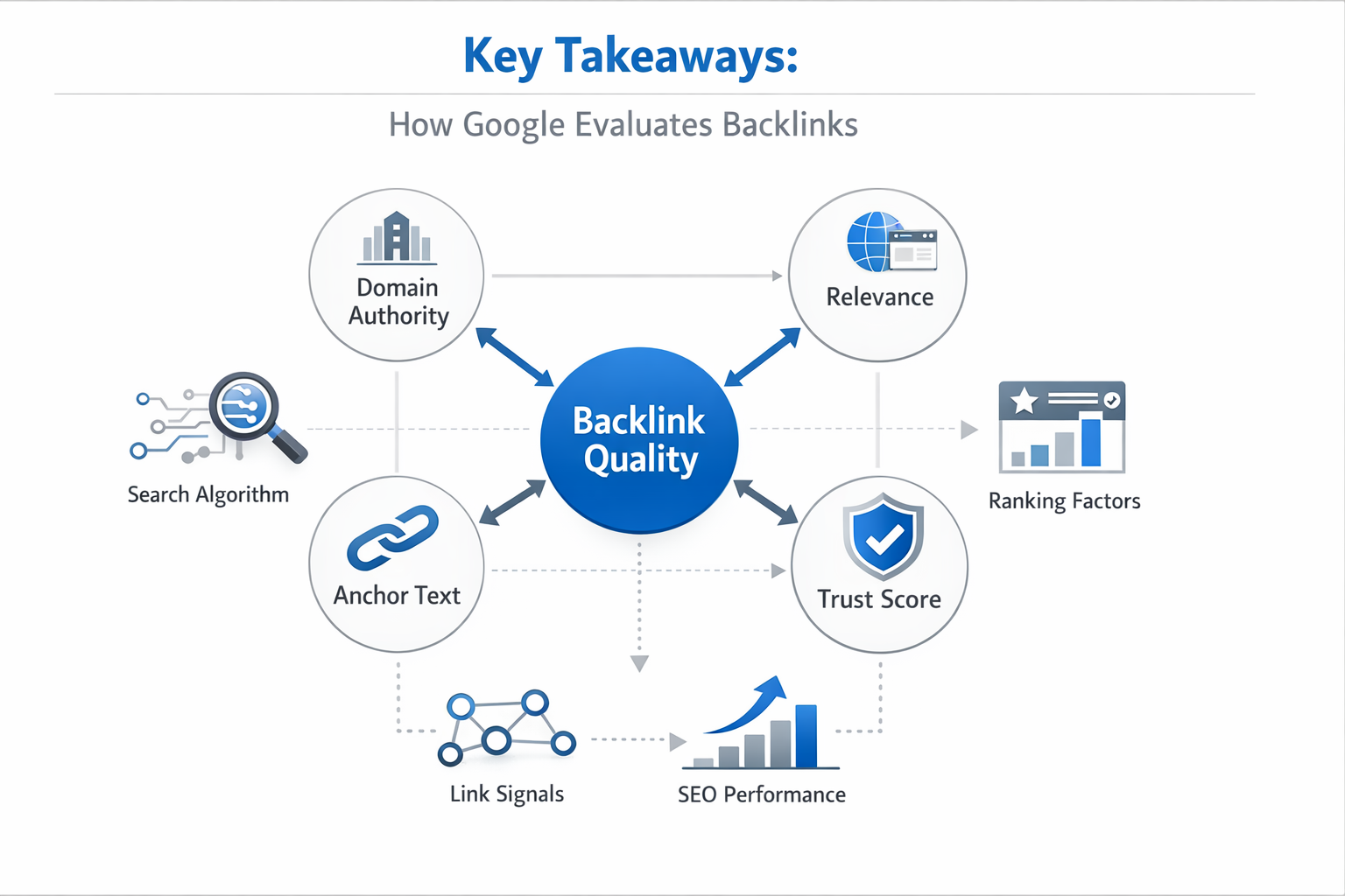 Infographic for 'Key Takeaways' section visualizing Google's backlink evaluation process, featuring a central flowchart with interconnected 