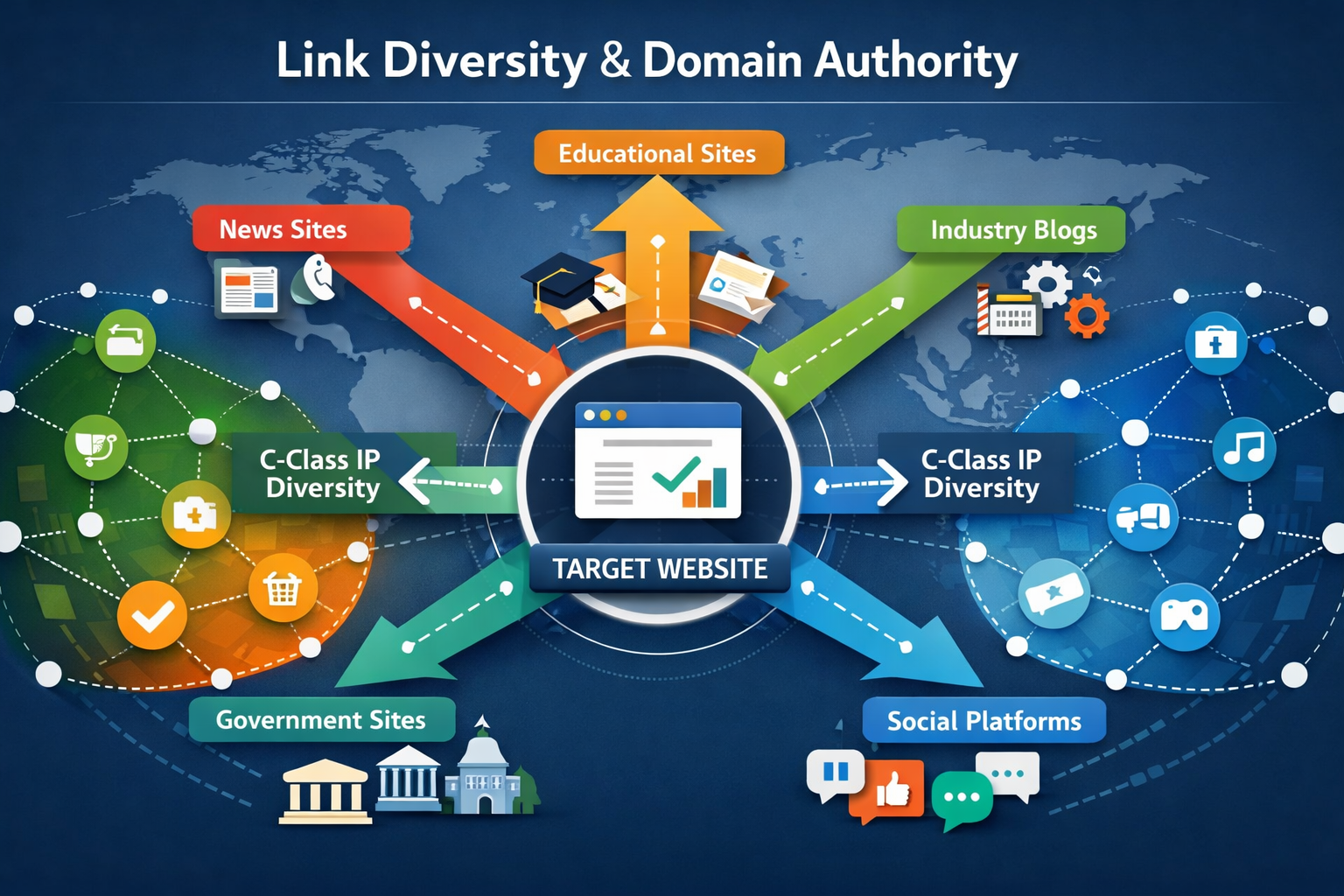 Detailed landscape format (1536x1024) visualization of link diversity and domain authority concept. Center shows a target website represente