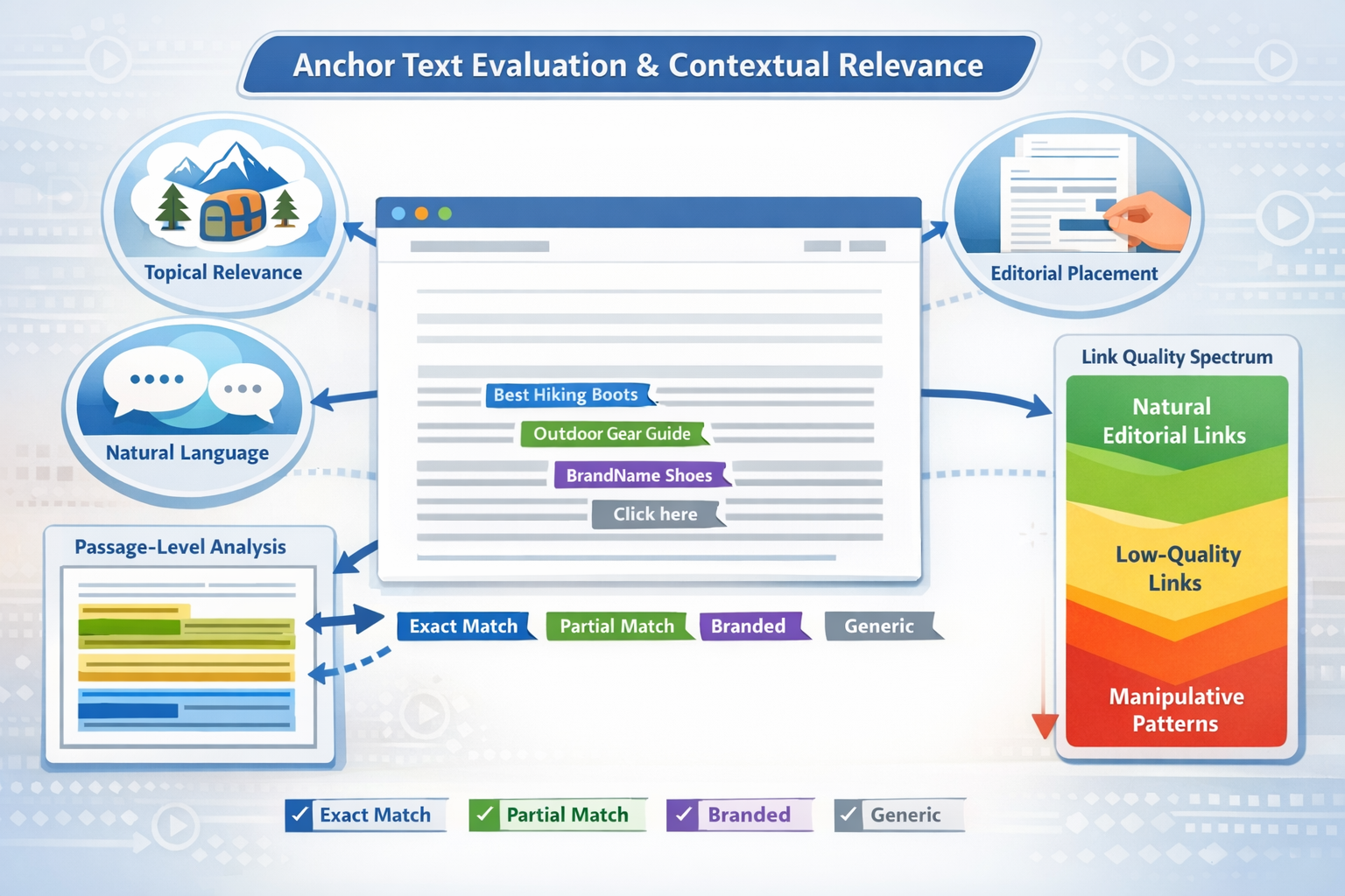 Detailed landscape format (1536x1024) illustration of anchor text evaluation and contextual relevance. Central composition shows a webpage w
