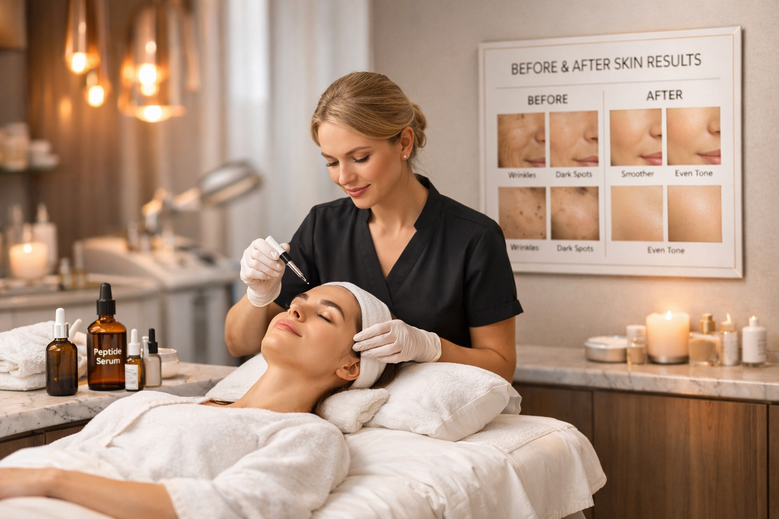 Professional medi spa treatment room scene showing skincare application, elegant treatment bed with white linens, copper-toned accent lighti