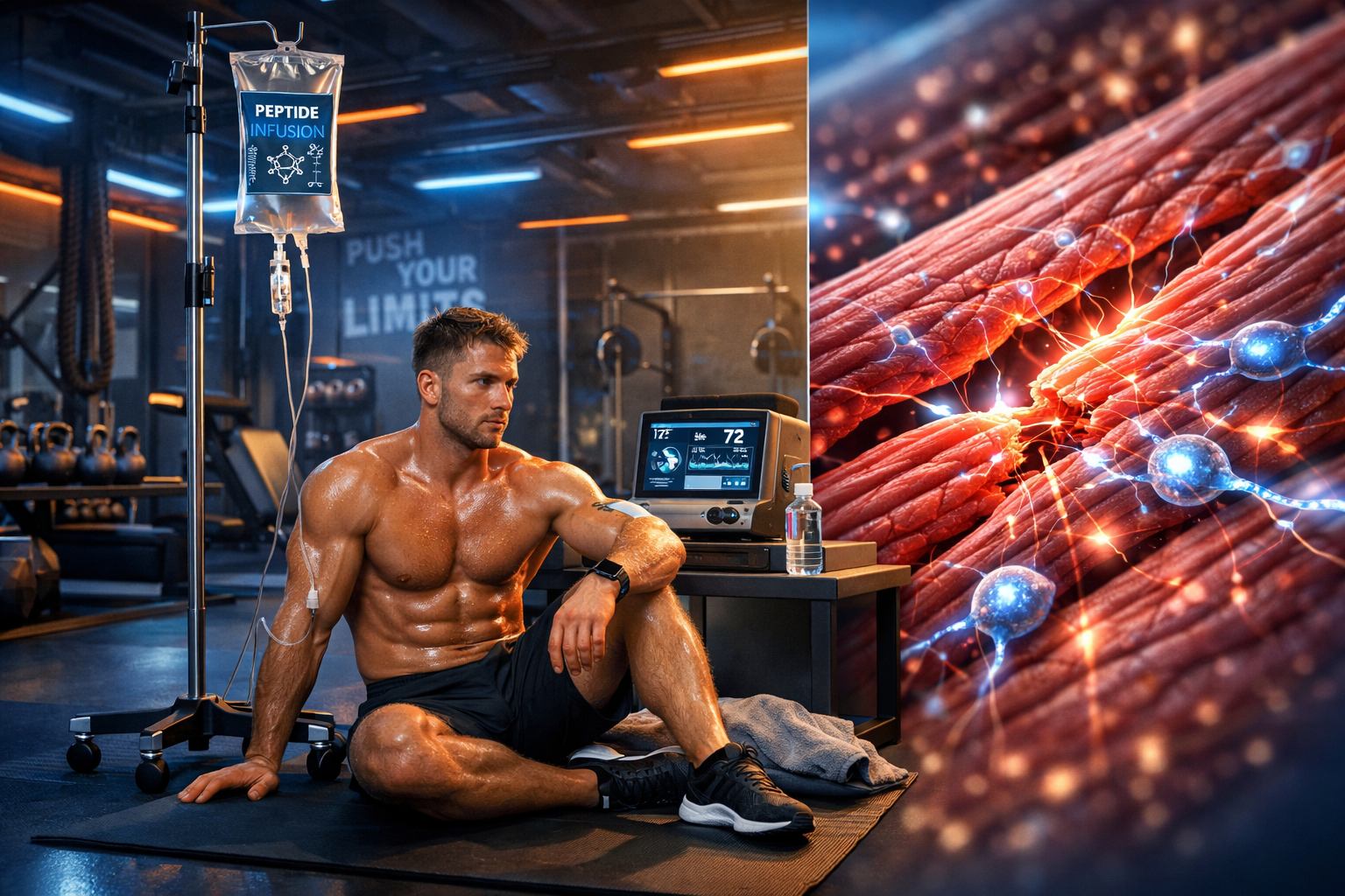 Athletic training facility interior with fitness equipment, muscular athlete in recovery position, IV drip stand with peptide solution bag, 