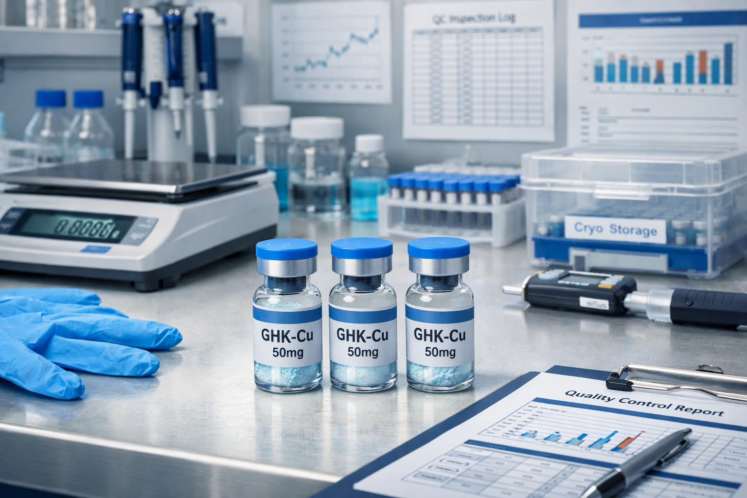 Scientific research laboratory bench setup showing peptide vials labeled GHK-Cu 50mg, precision measuring equipment, sterile workspace with 