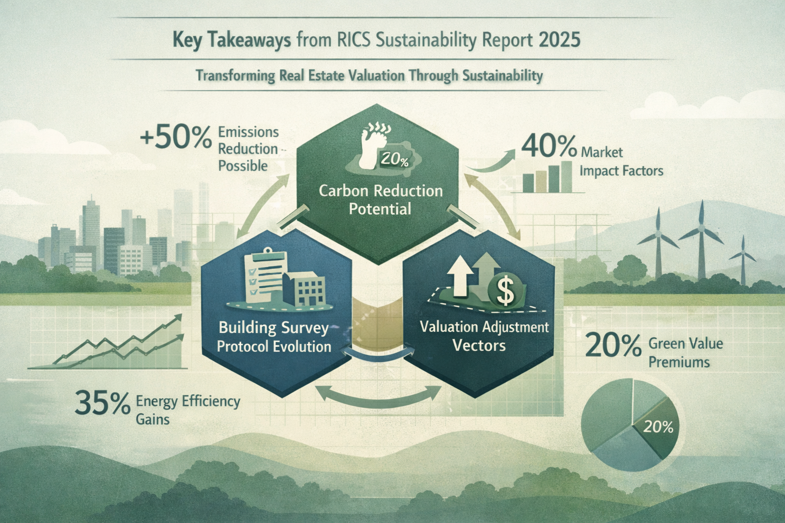 Landscape editorial infographic visualizing 'Key Takeaways' from RICS Sustainability Report 2025, featuring a central