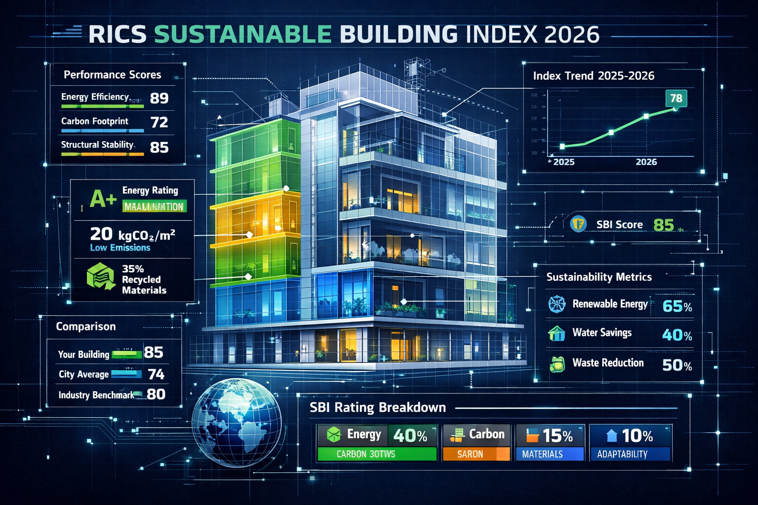 Comprehensive visualization of RICS Sustainable Building Index for 2026, presenting a multi-layered architectural blueprint