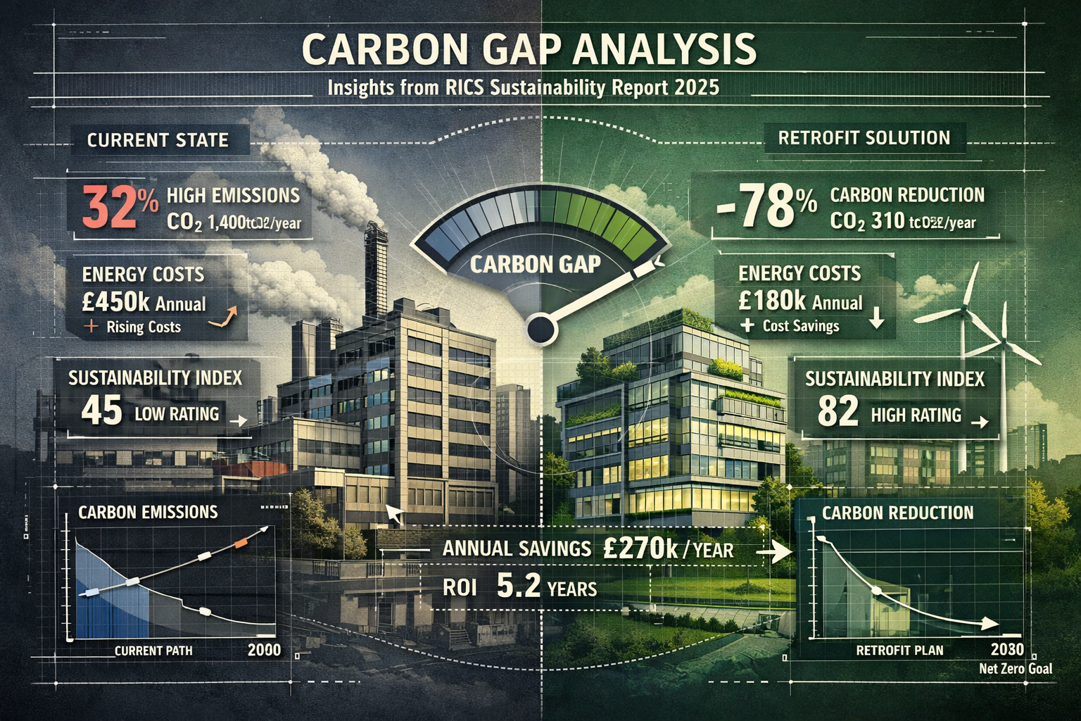 Detailed editorial graphic exploring carbon gap analysis using RICS Sustainability Report 2025 insights. Composition