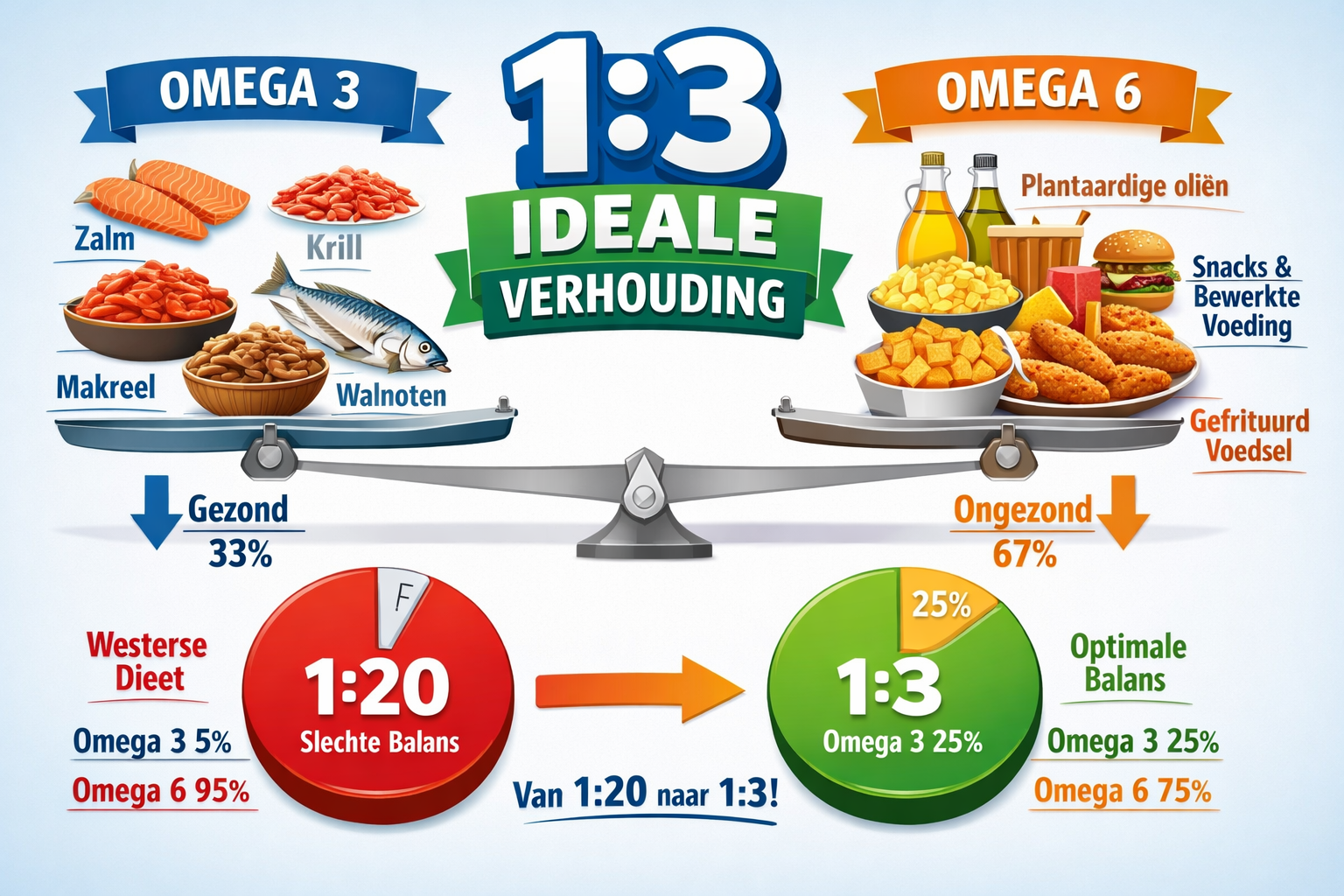Detailed infographic illustration (1536x1024) showing the ideal omega 3-6 verhouding balance with large Dutch text '1:3 Ideale Verhouding' p