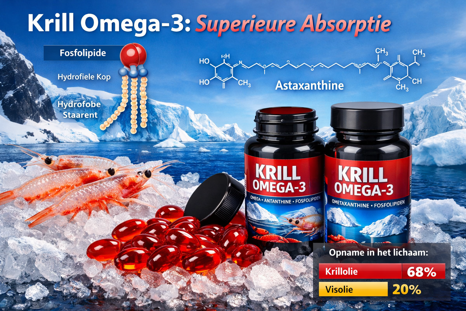 Vibrant product showcase photograph (1536x1024) featuring krill omega-3 supplement bottles and capsules with Antarctic krill imagery. Compos