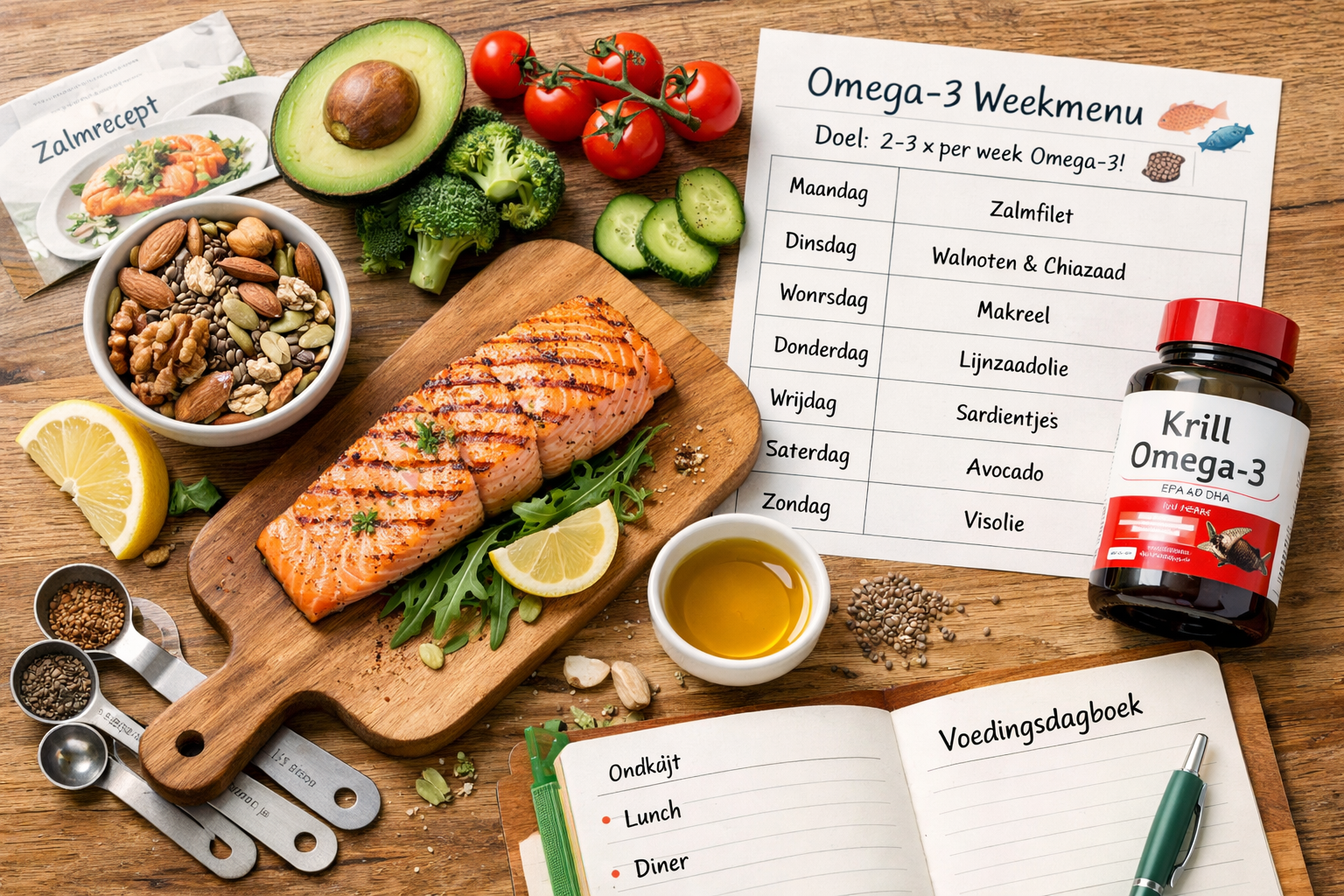 Practical lifestyle photography composition (1536x1024) showing balanced omega-rich meal planning with Dutch recipe cards and food items. To
