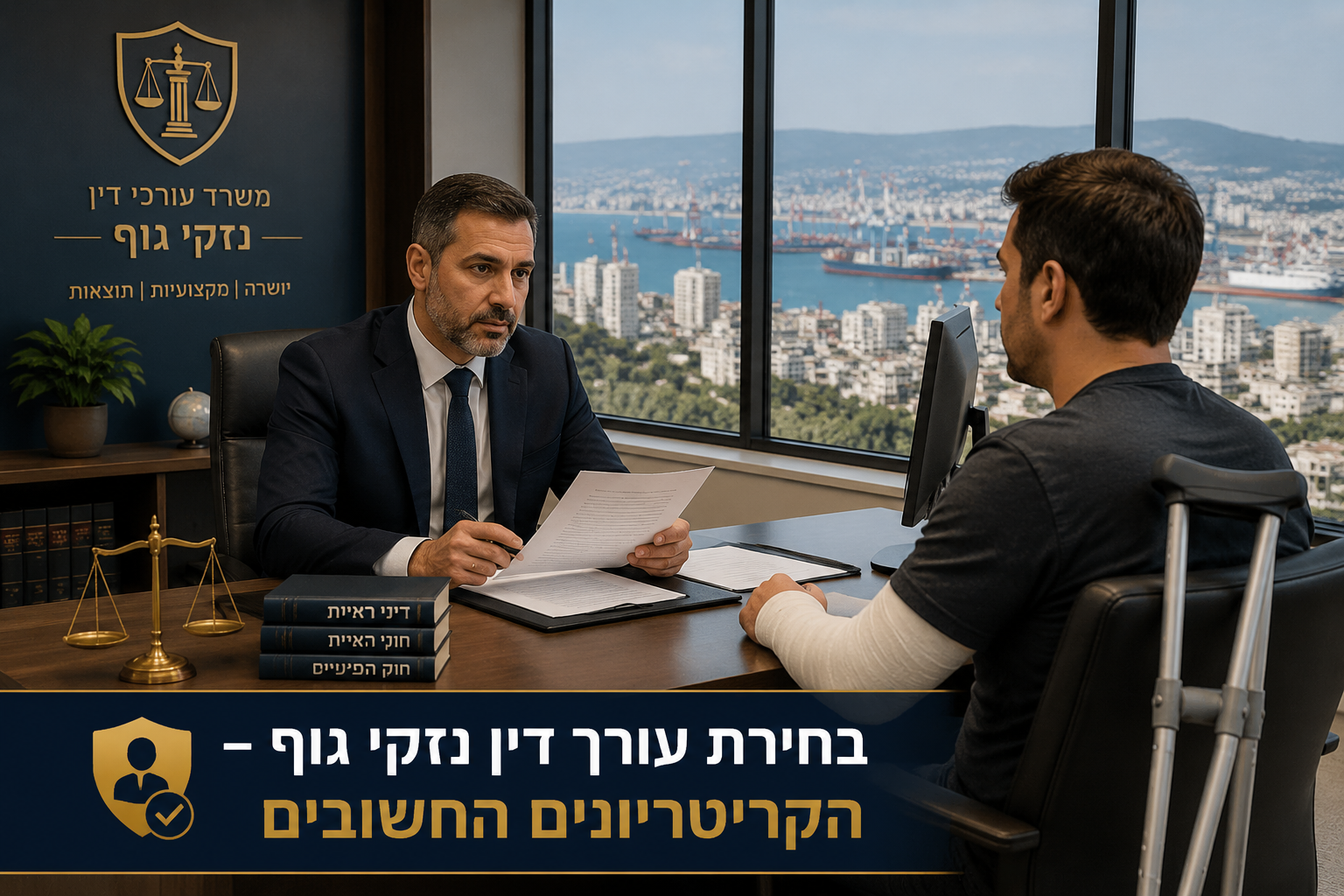 () editorial illustration showing a professional Israeli lawyer in a modern Haifa law office, seated across a desk from a