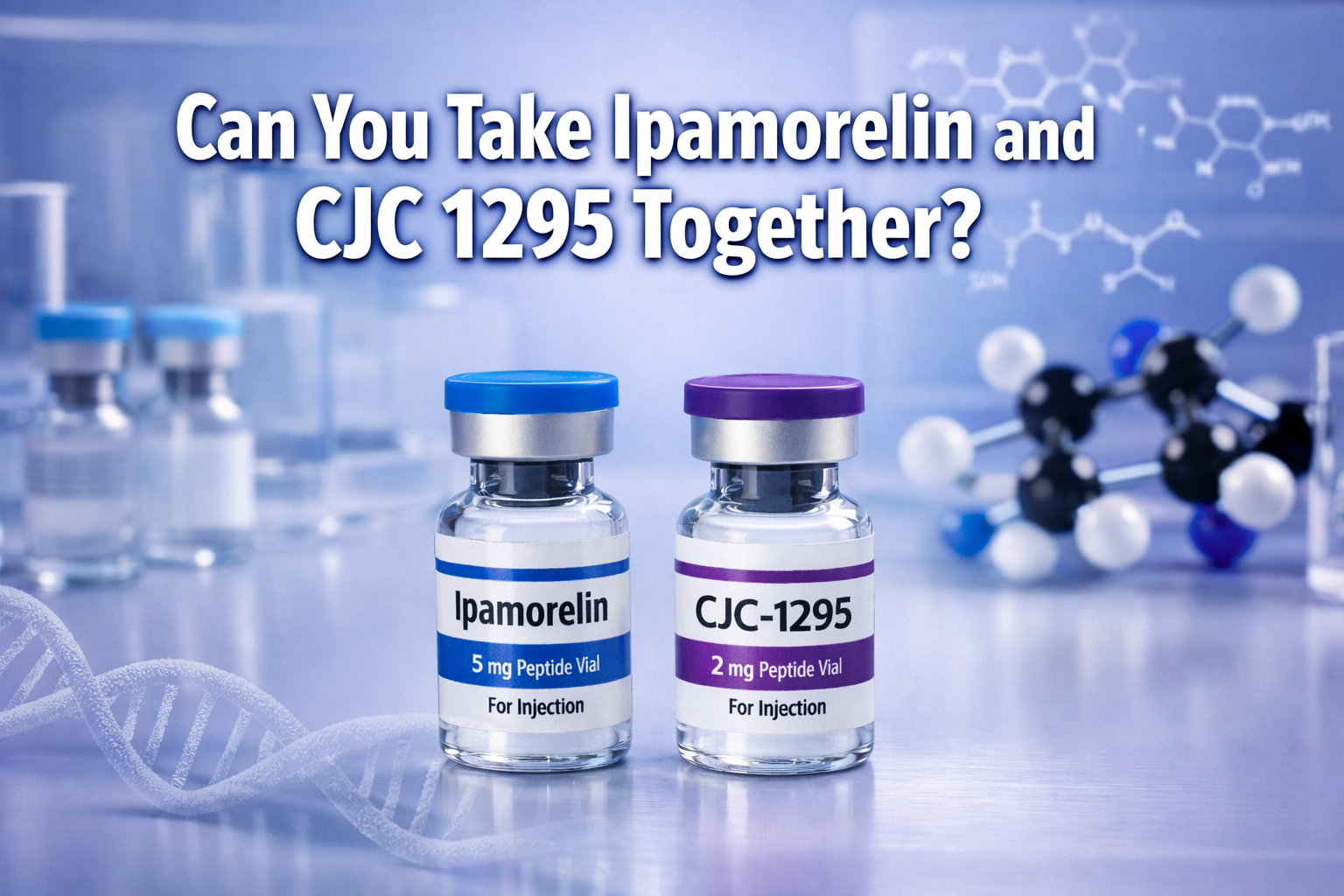 Professional landscape hero image (1536x1024) featuring bold text overlay 'Can You Take Ipamorelin and CJC 1295 Together?' in extra large 72