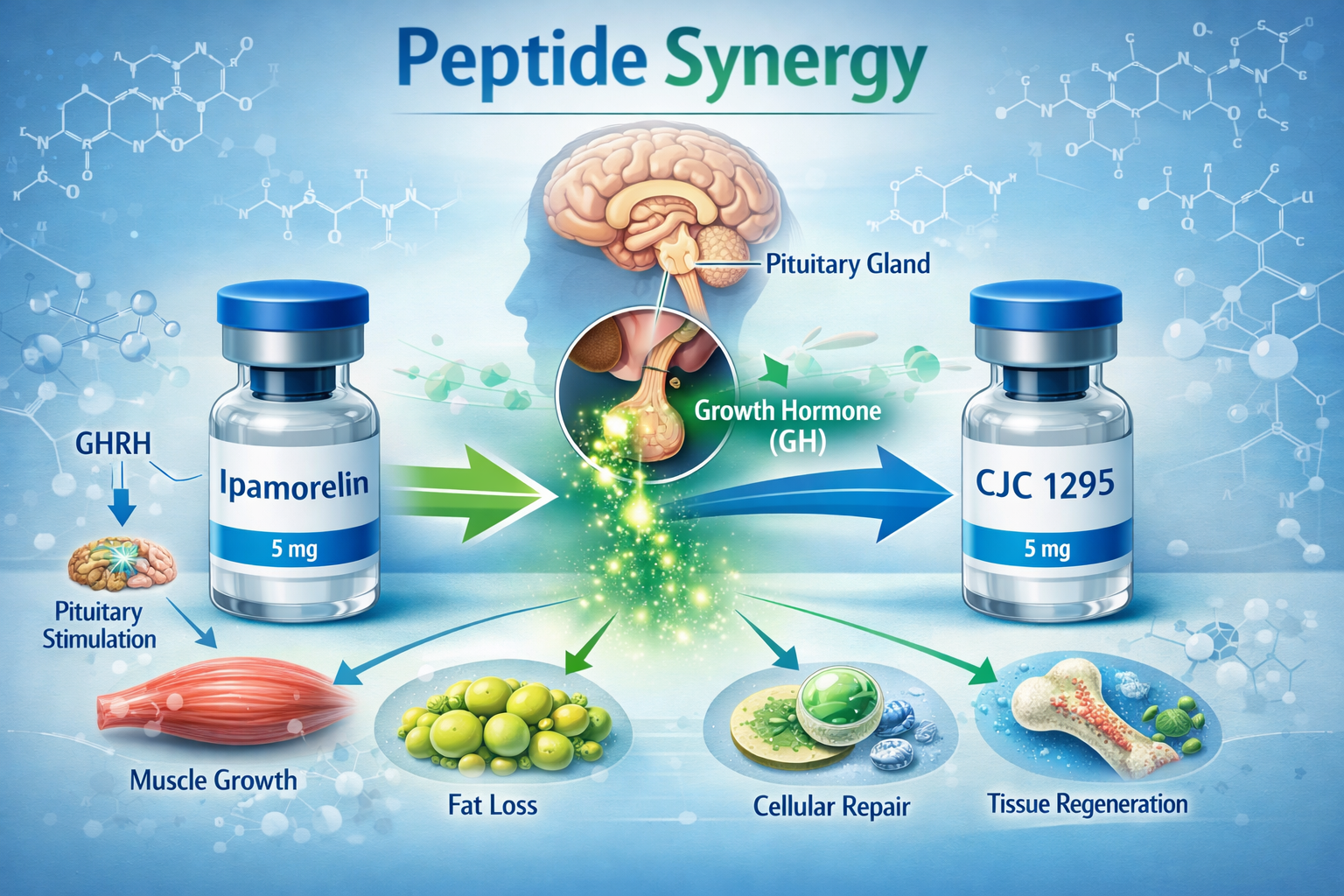 Detailed landscape infographic (1536x1024) showing two peptide vials side by side - one labeled Ipamorelin and one labeled CJC 1295 - with c