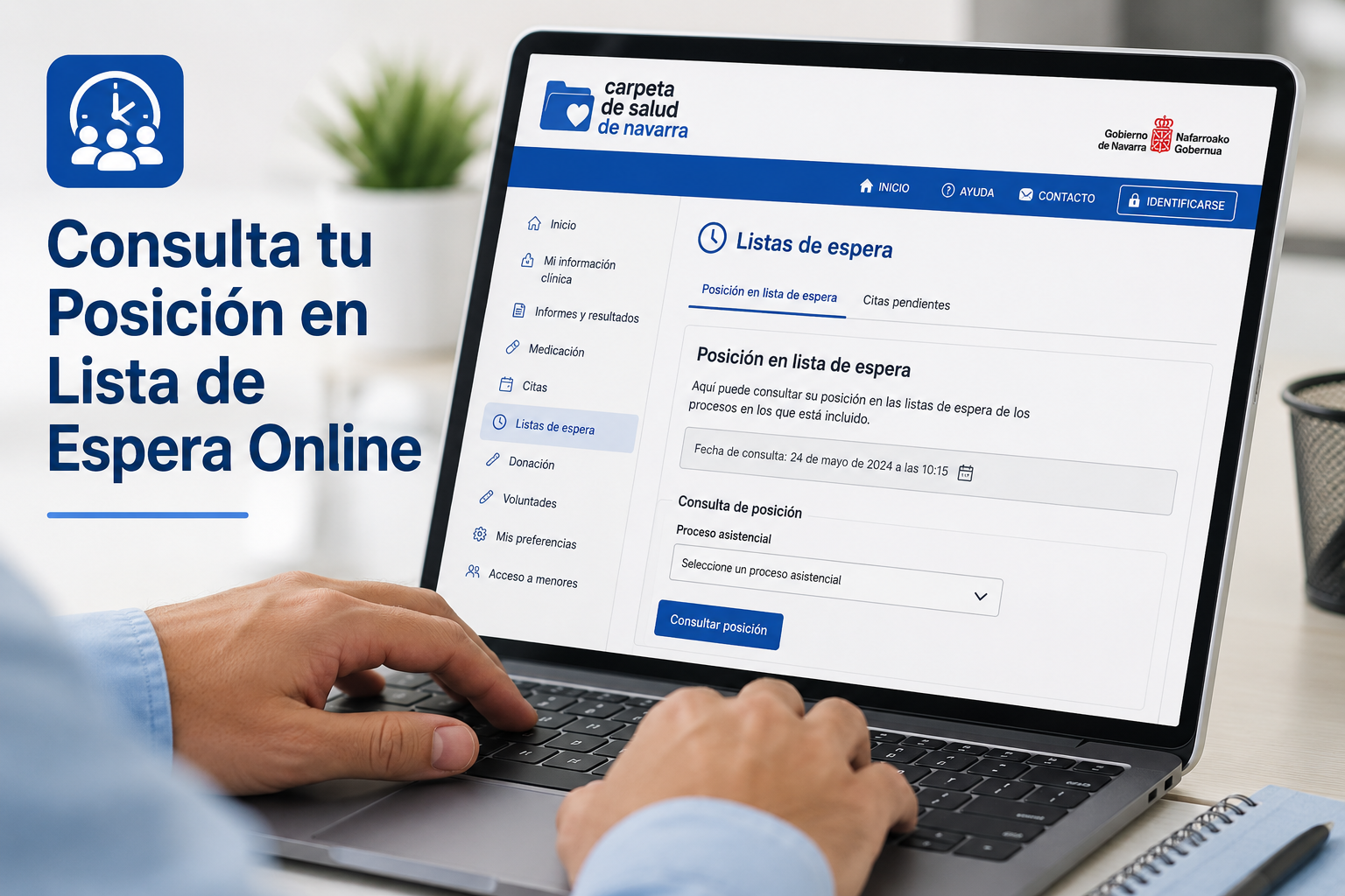 () showing a close-up of a person's hands using a laptop or tablet displaying the Carpeta de Salud de Navarra portal