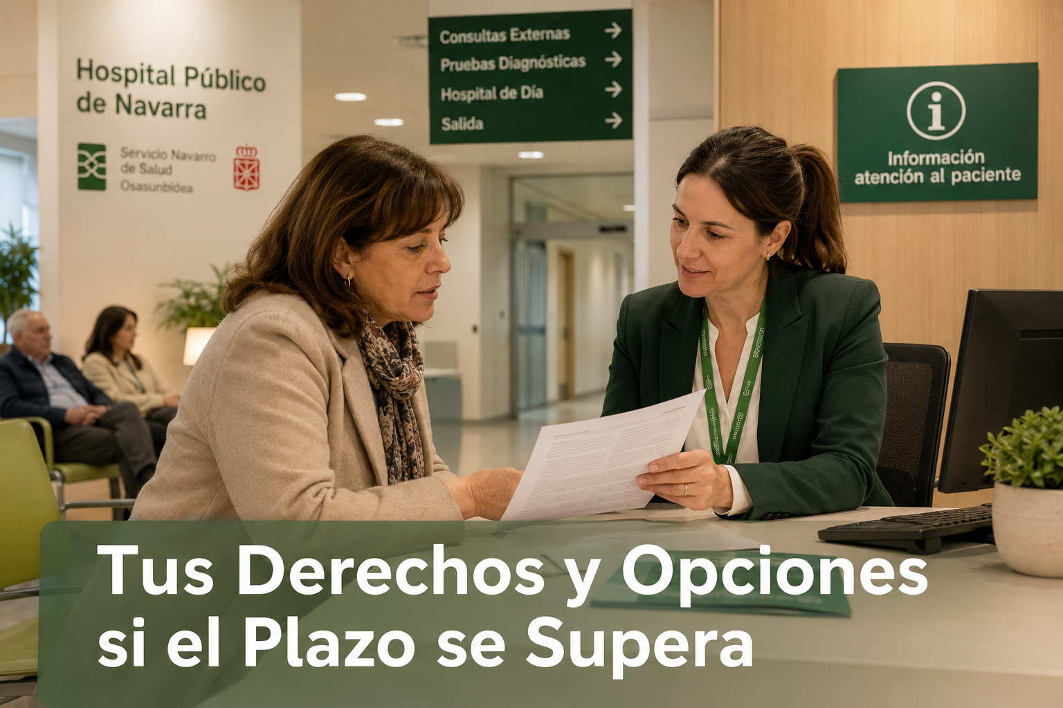 () depicting a patient in a waiting room of a Navarre public hospital speaking with a healthcare administrator at a