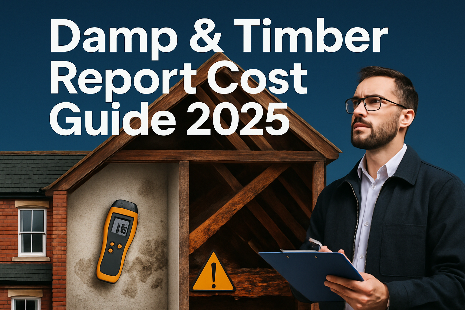 Professional landscape hero image (1536x1024) featuring bold text overlay 'Damp & Timber Report Cost Guide 2025' in extra large 72pt white s