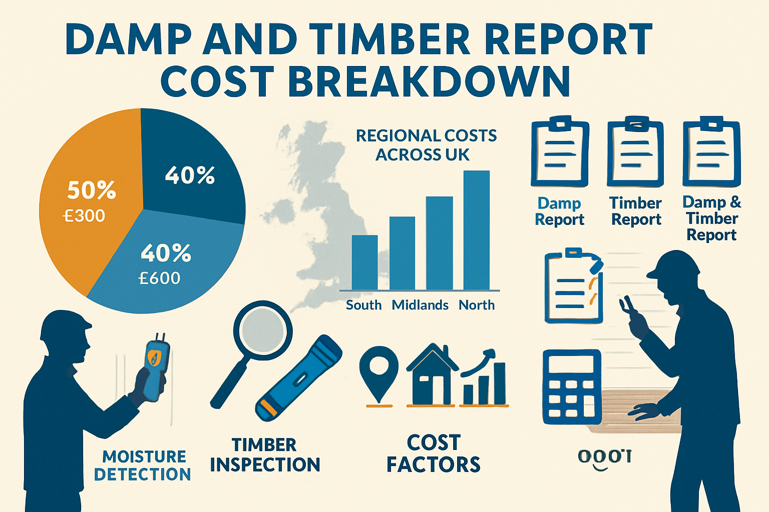 Detailed infographic showing damp and timber report cost breakdown (1536x1024) with pie chart displaying price ranges £300-£800, bar graphs
