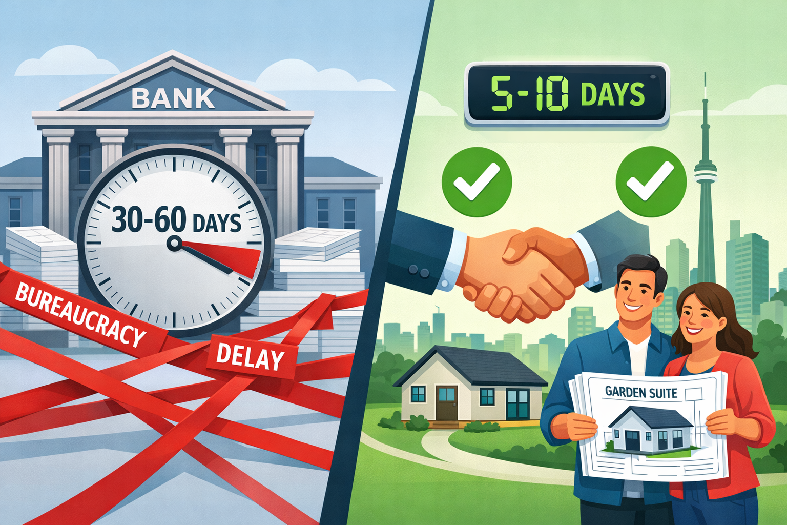 Wide-angle editorial illustration showing a split-scene comparison: left side features a traditional bank building with a