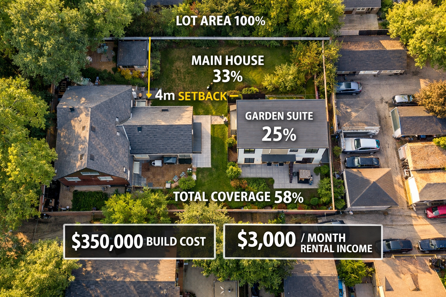 Overhead drone-style aerial photograph of a Toronto residential lot showing a completed two-storey garden suite