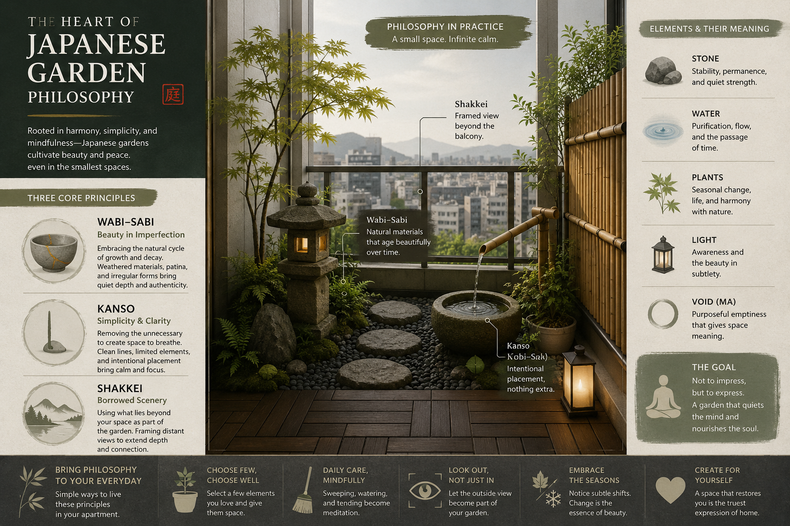 Detailed () image illustrating the core elements of Japanese garden philosophy adapted for small urban spaces. A clean,