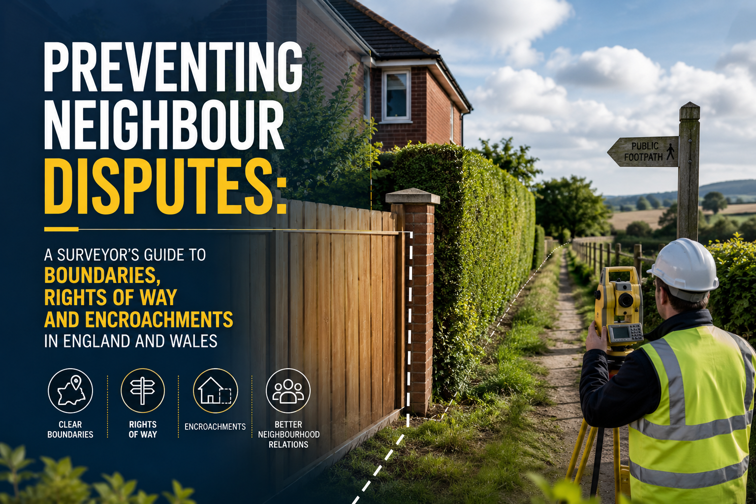 Professional landscape hero image () with : "Preventing Neighbour Disputes: A Surveyor's Guide to Boundaries, Rights of Way