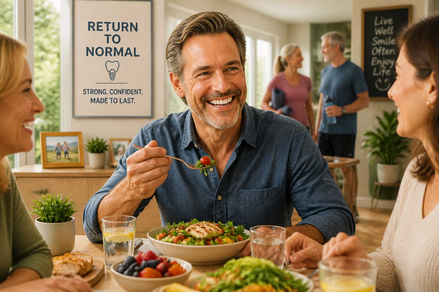Detailed () illustration showing a patient enjoying normal activities and food, representing the 'Return to Normal' phase of