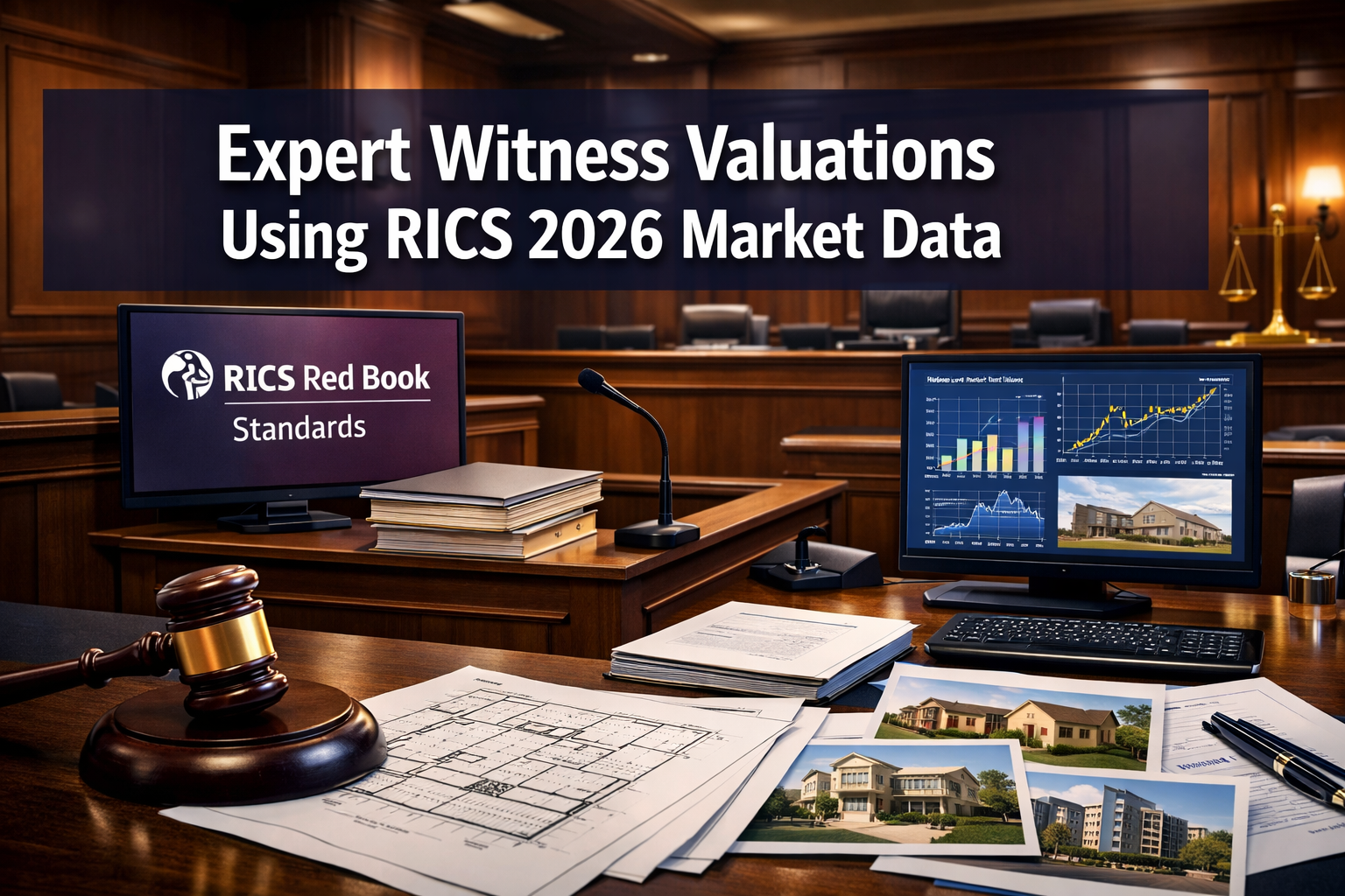 Professional () hero image featuring 'Expert Witness Valuations Using RICS 2026 Market Data' in extra large white with dark