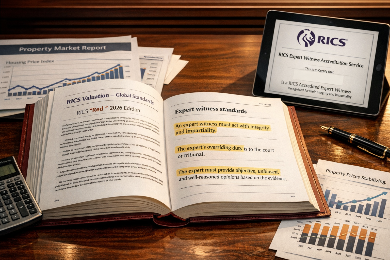 Detailed () image showing close-up of RICS Red Book 2026 edition open on polished mahogany desk with highlighted sections on
