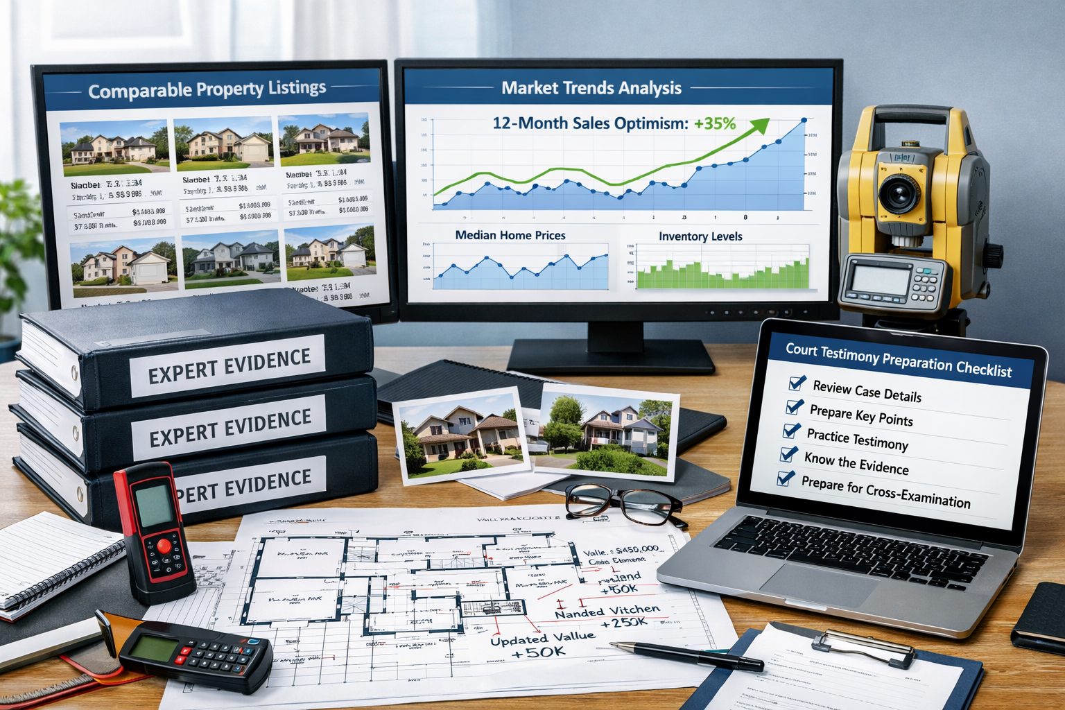 Detailed () image depicting organized evidence preparation workspace with multiple monitors displaying property valuation