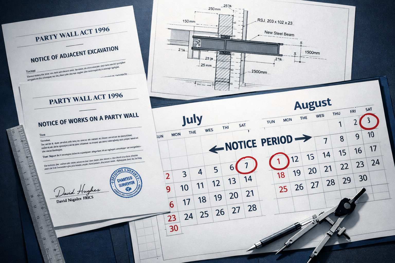 Detailed () editorial image showing close-up view of party wall notice documents and timeline calendar spread on architect's