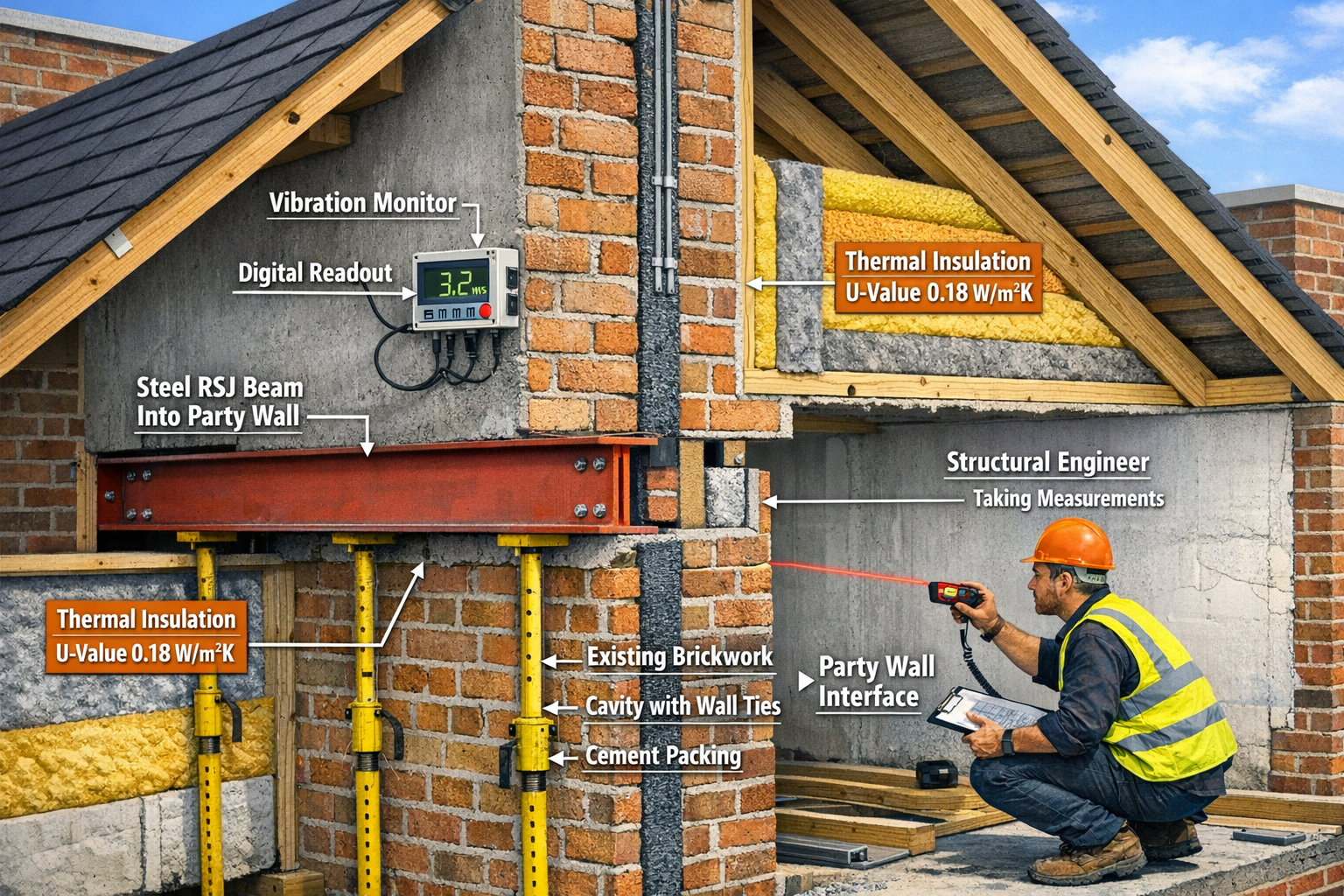 Detailed () technical illustration showing cutaway cross-section view of terraced house loft conversion in progress. Visual