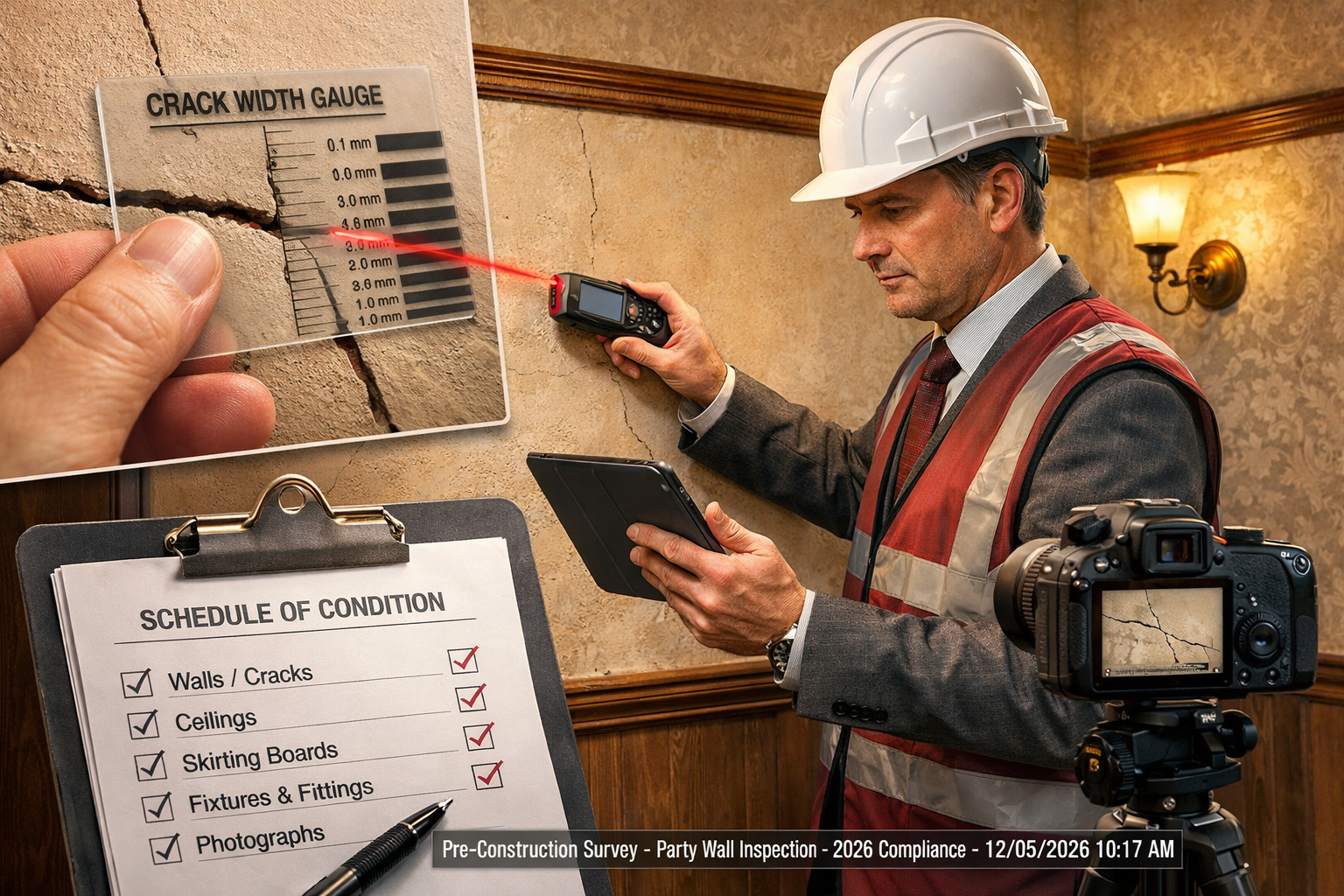 Detailed () professional scene showing party wall surveyor conducting pre-construction condition survey in residential