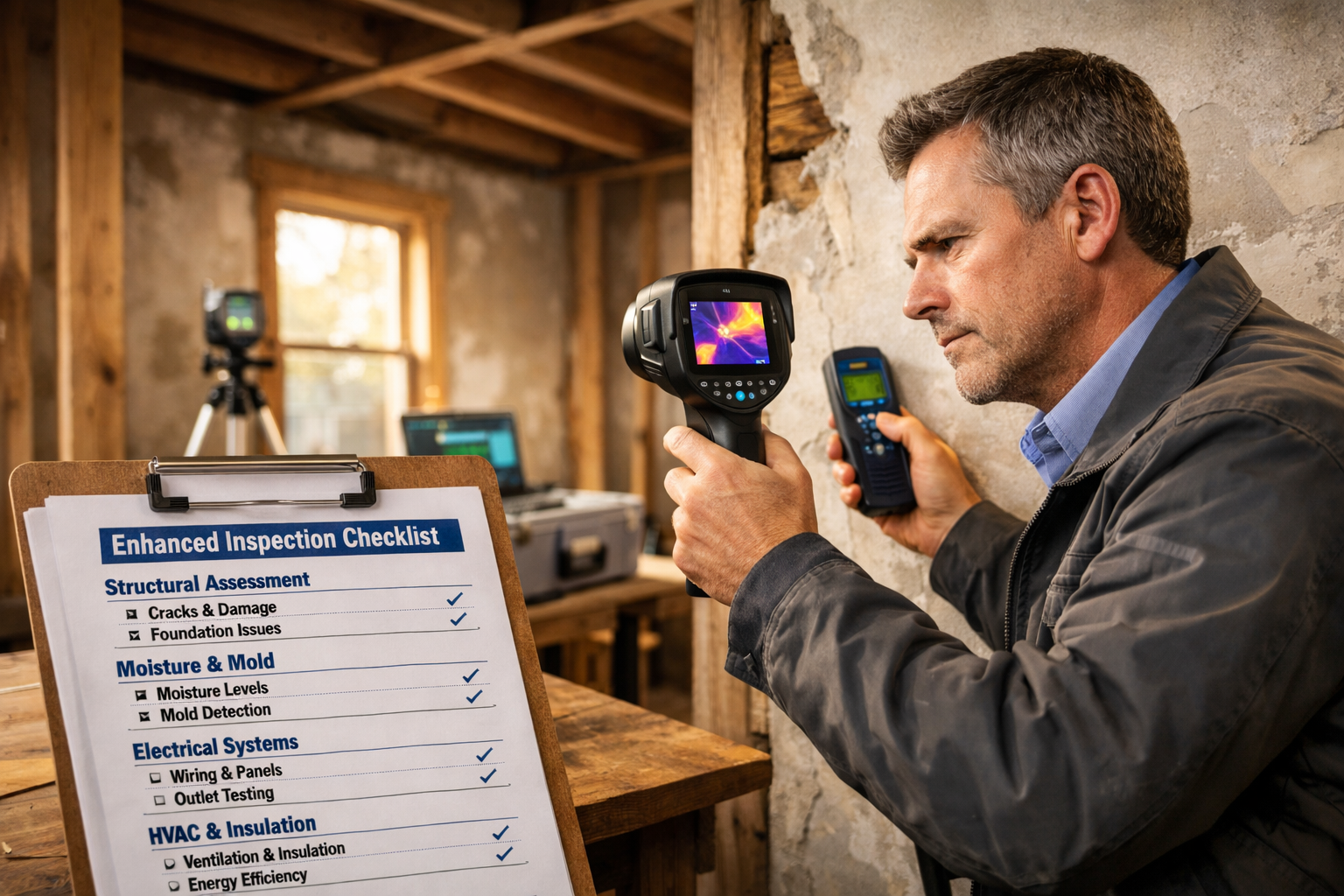 () editorial image showing close-up of professional surveyor conducting detailed property inspection in uncertain market