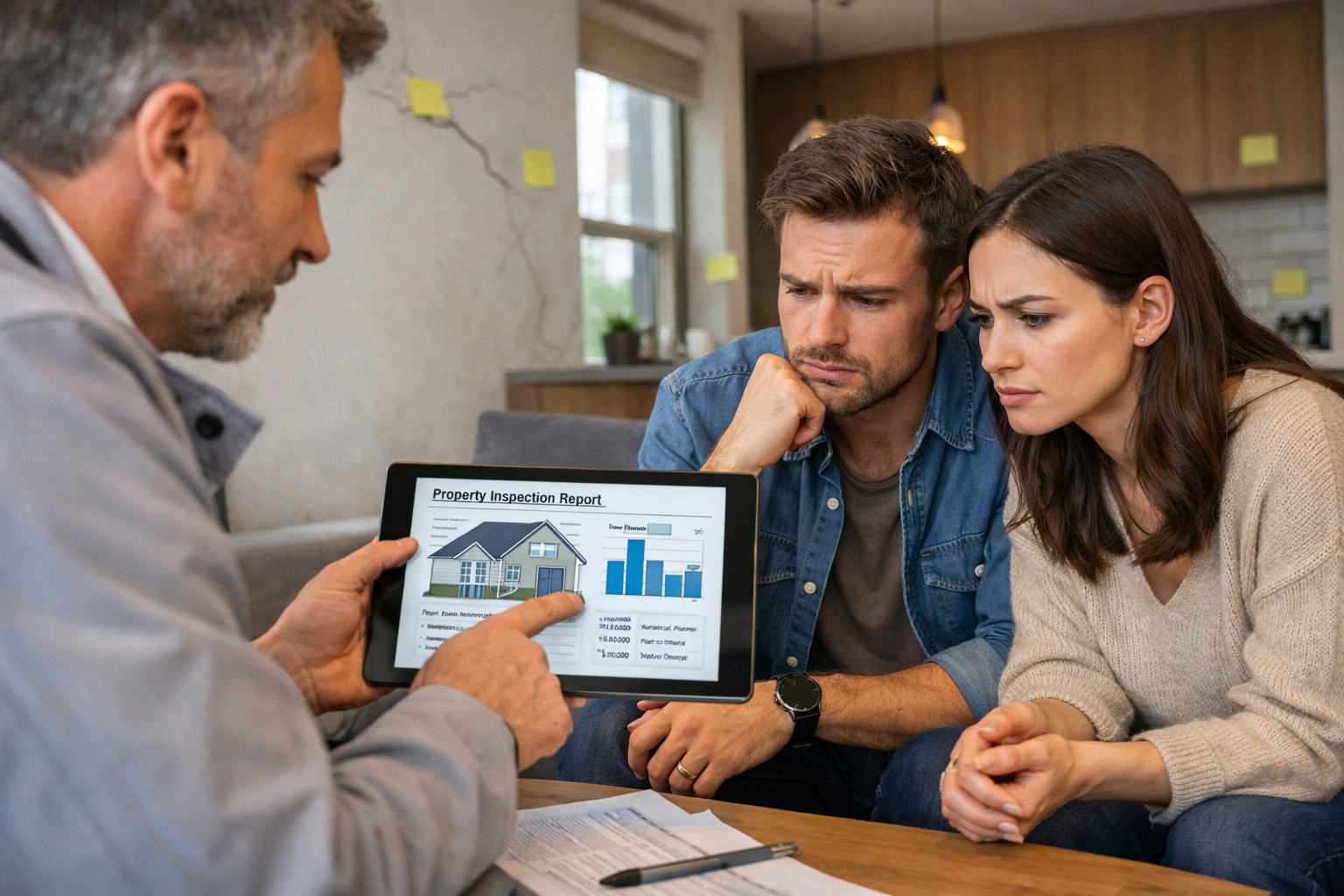 () professional composition showing surveyor presenting detailed digital report on tablet to hesitant young couple buyers in