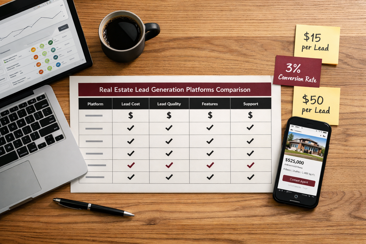 () overhead flat-lay shot of a wooden desk with a printed comparison table of real estate lead generation platforms, a