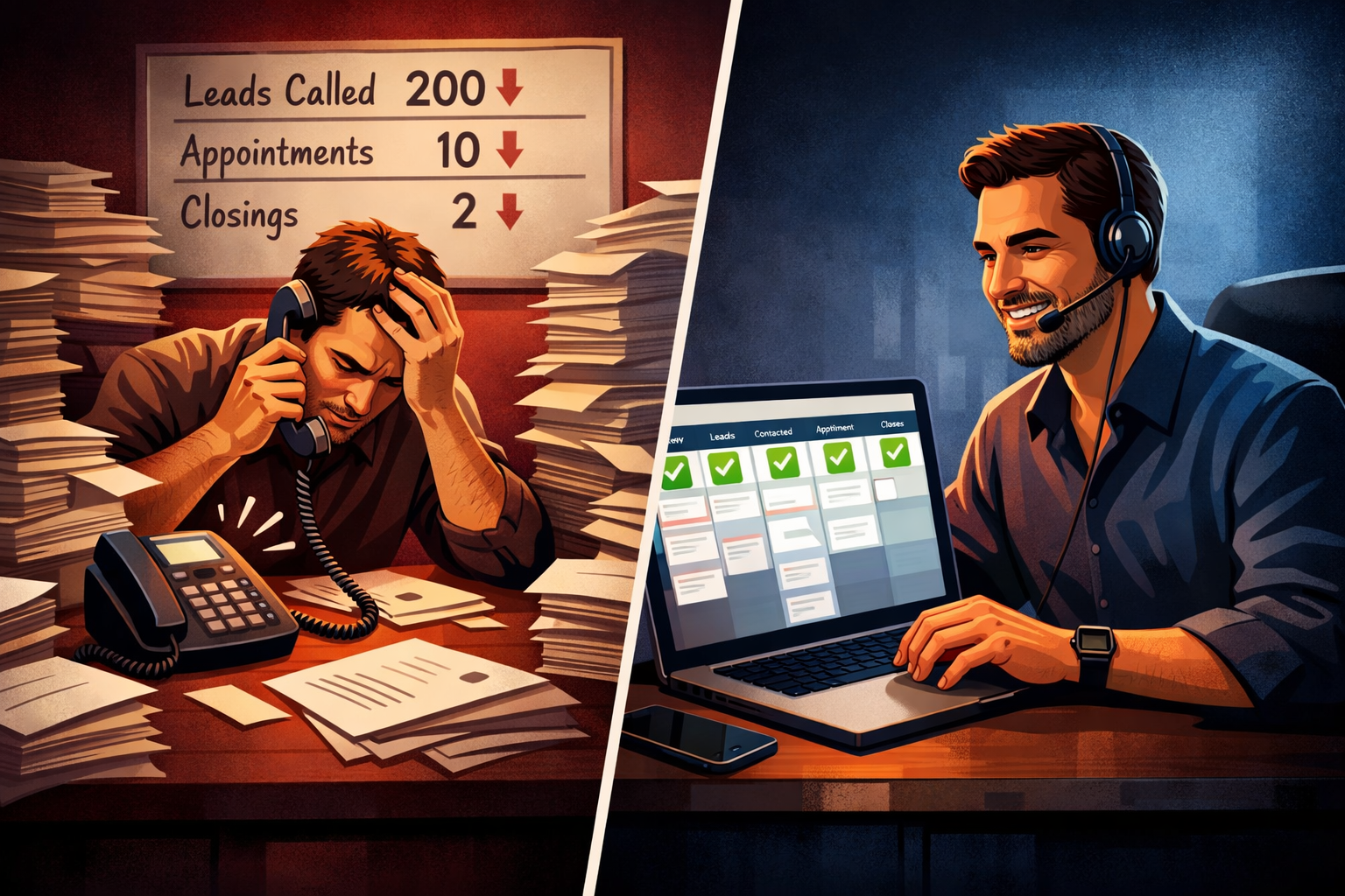 () split-scene composition showing two contrasting real estate prospecting scenarios side by side: left side shows a