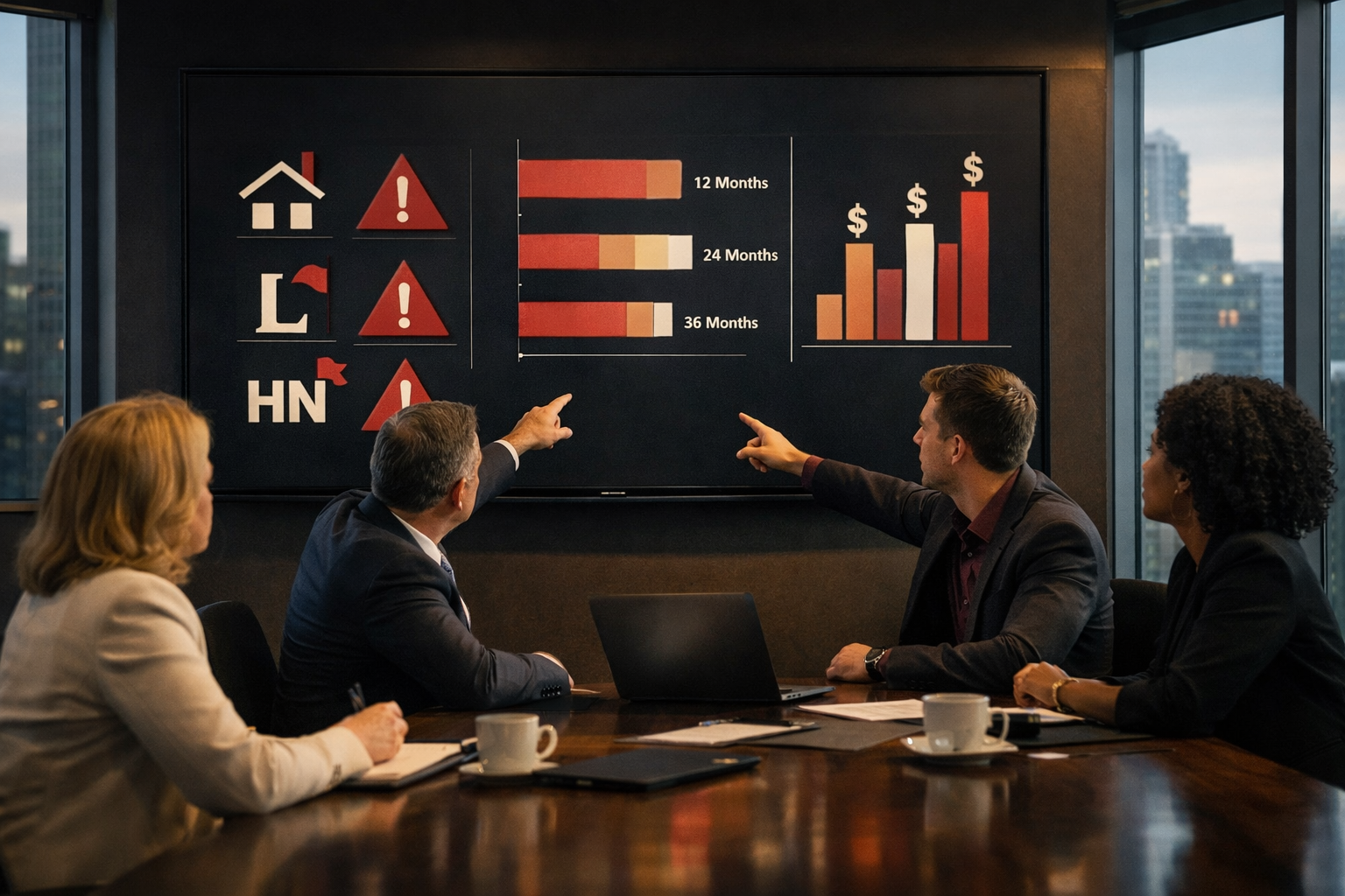 () wide-angle shot of a real estate team meeting around a conference table, with a large wall-mounted screen displaying red