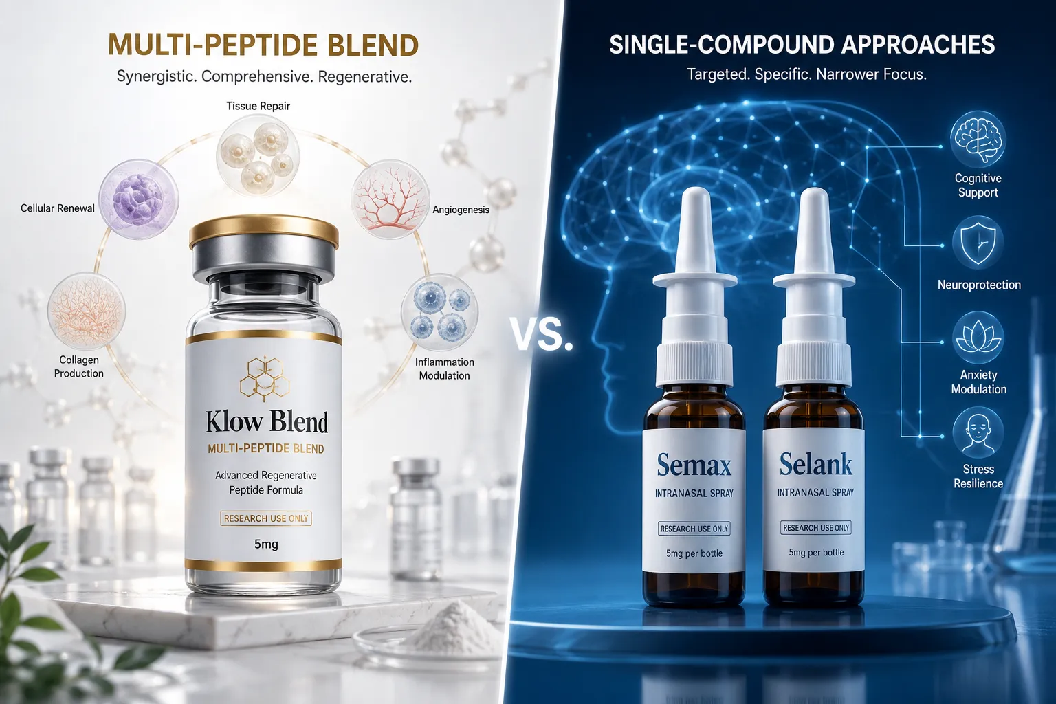 Split-screen editorial illustration (): left half shows a stylized multi-peptide blend vial labeled 'Klow Blend' on a clean